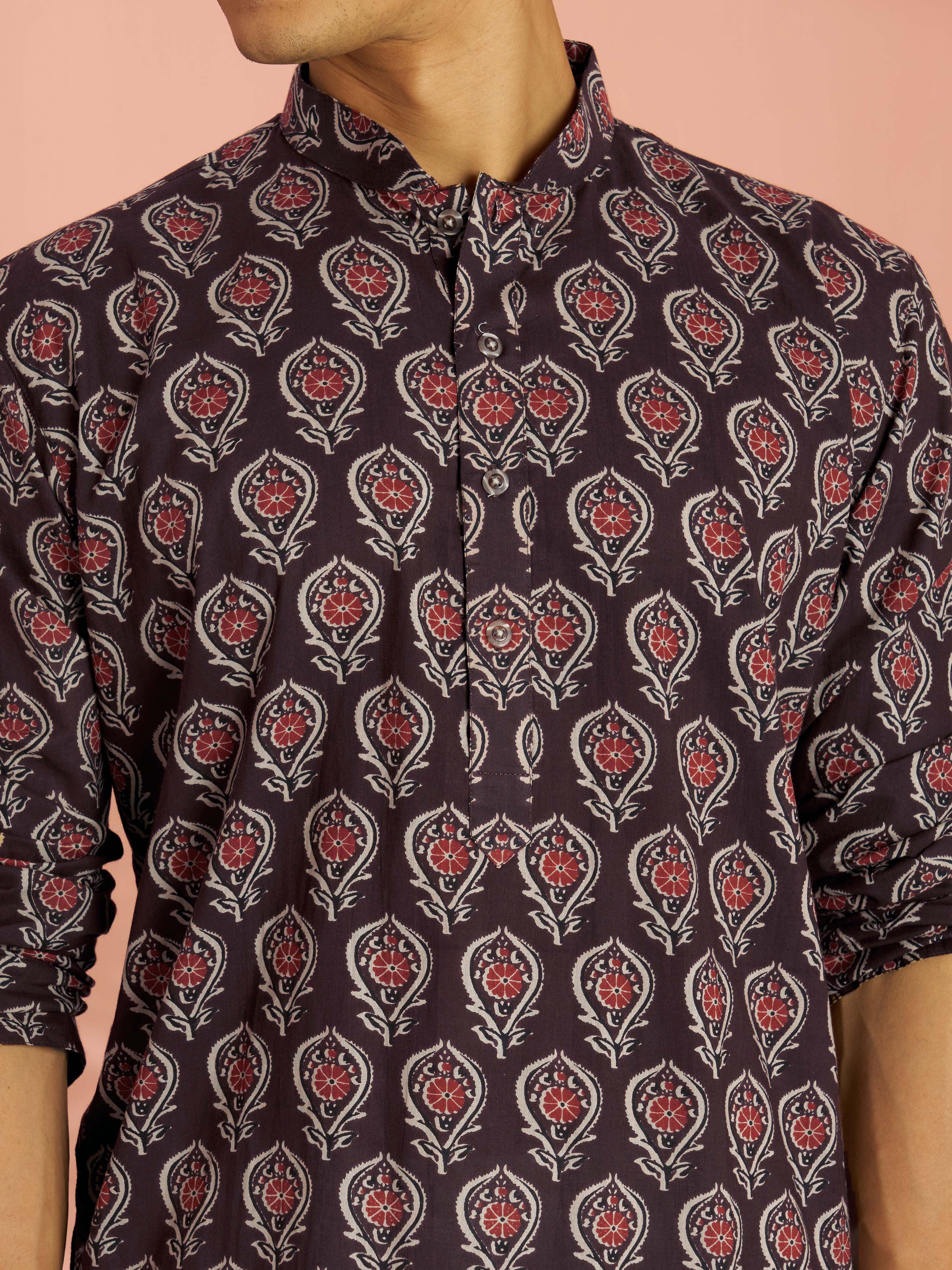Men's Coffee Cotton Ethnic Motif Printed Kurta with White Pyjama Set - Image 2
