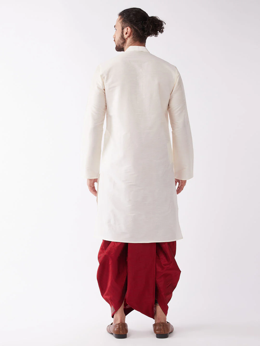 Men's Cream And Maroon Silk Blend Kurta And Dhoti Set - Image 3