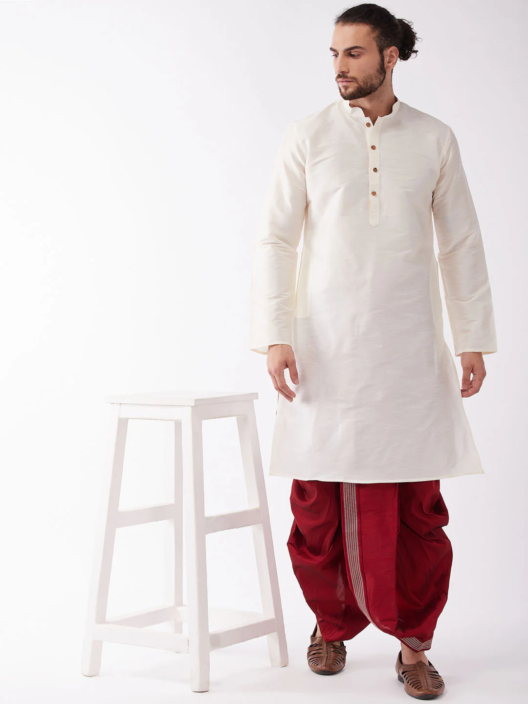 Men's Cream And Maroon Silk Blend Kurta And Dhoti Set - Image 6