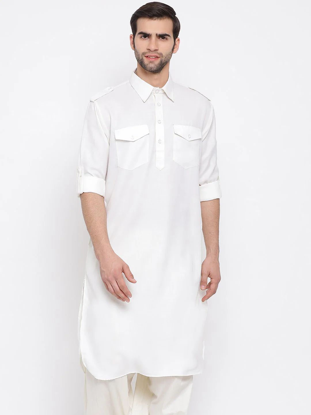 Men's Cream Cotton Blend Pathani Style Kurta