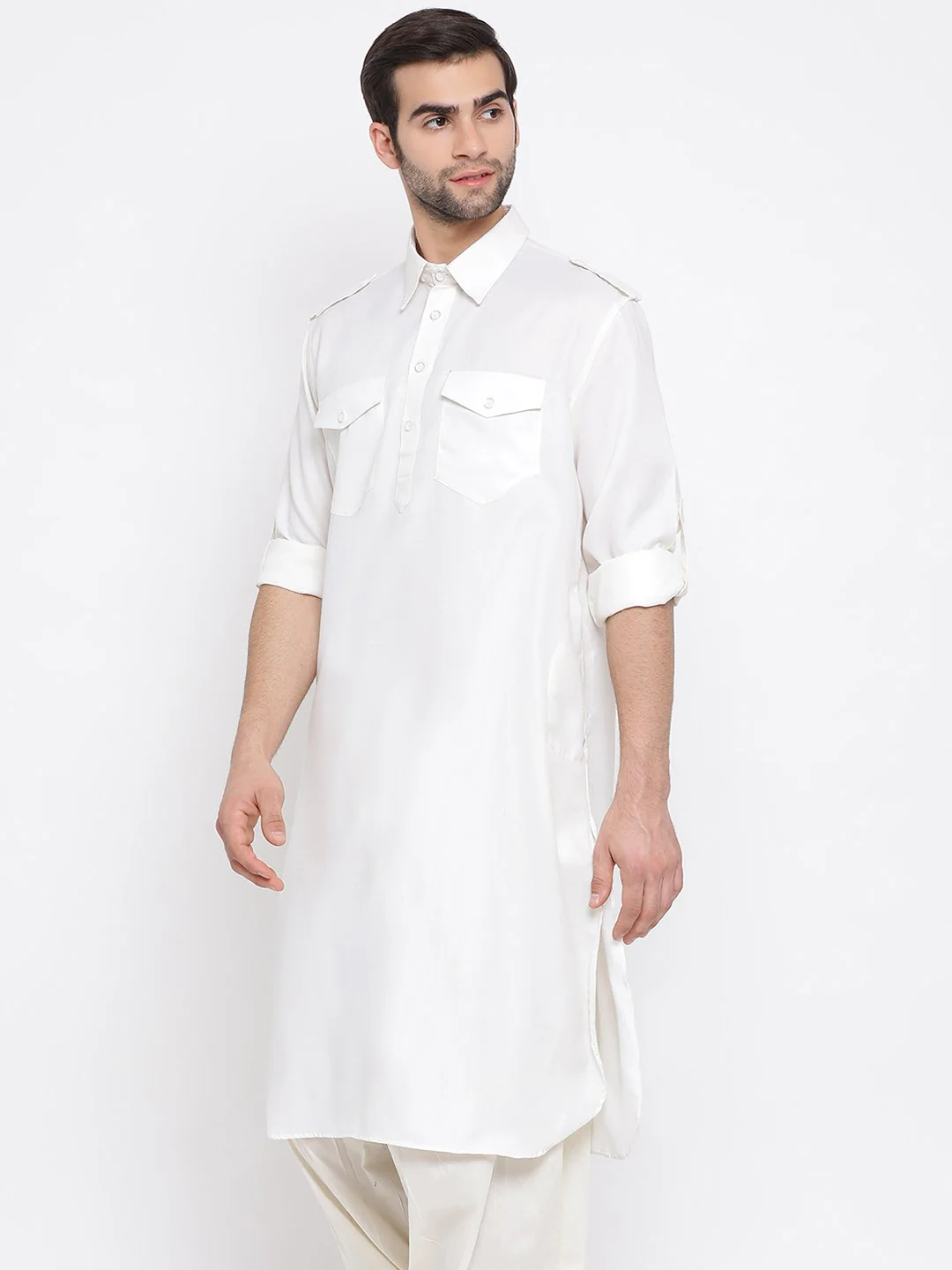 Men's Cream Cotton Blend Pathani Style Kurta - Image 2
