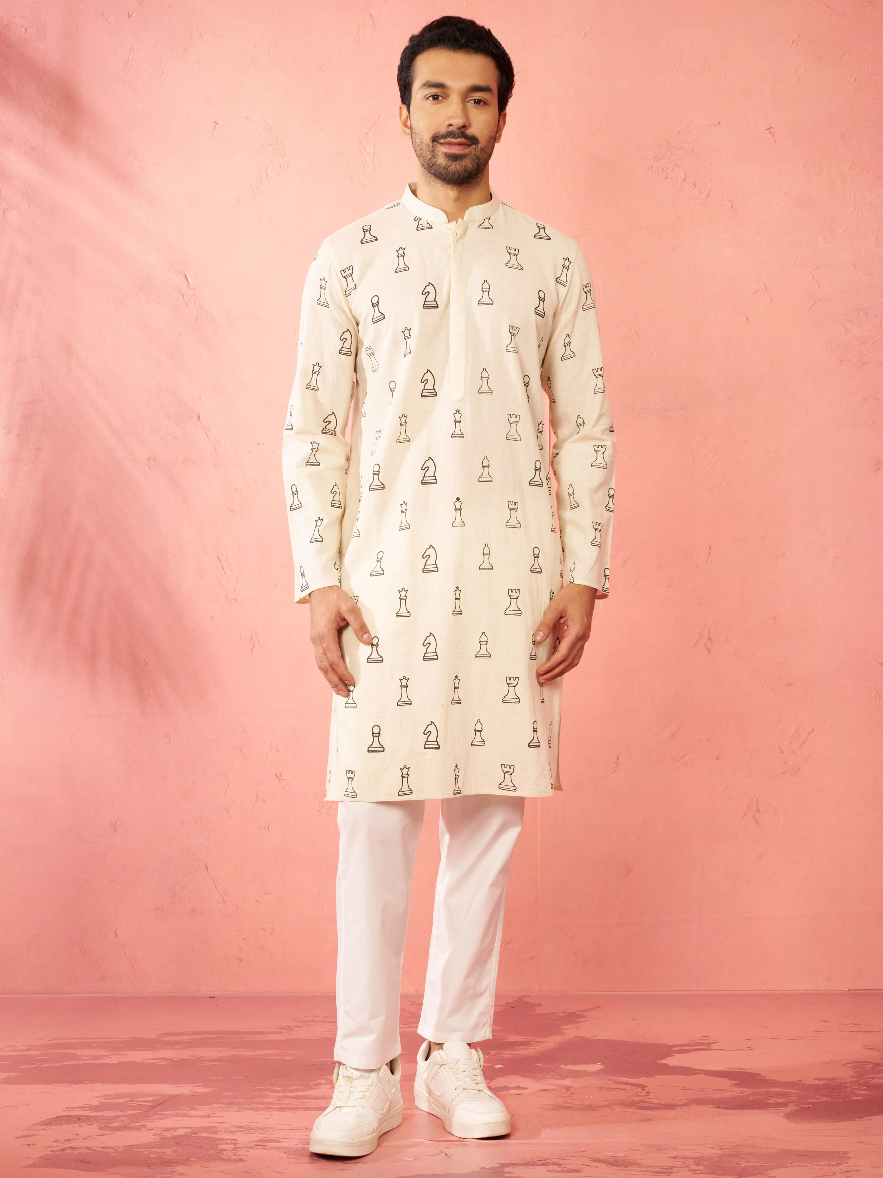 Men's Cream Cotton Kurta with White Pyjama - Image 3