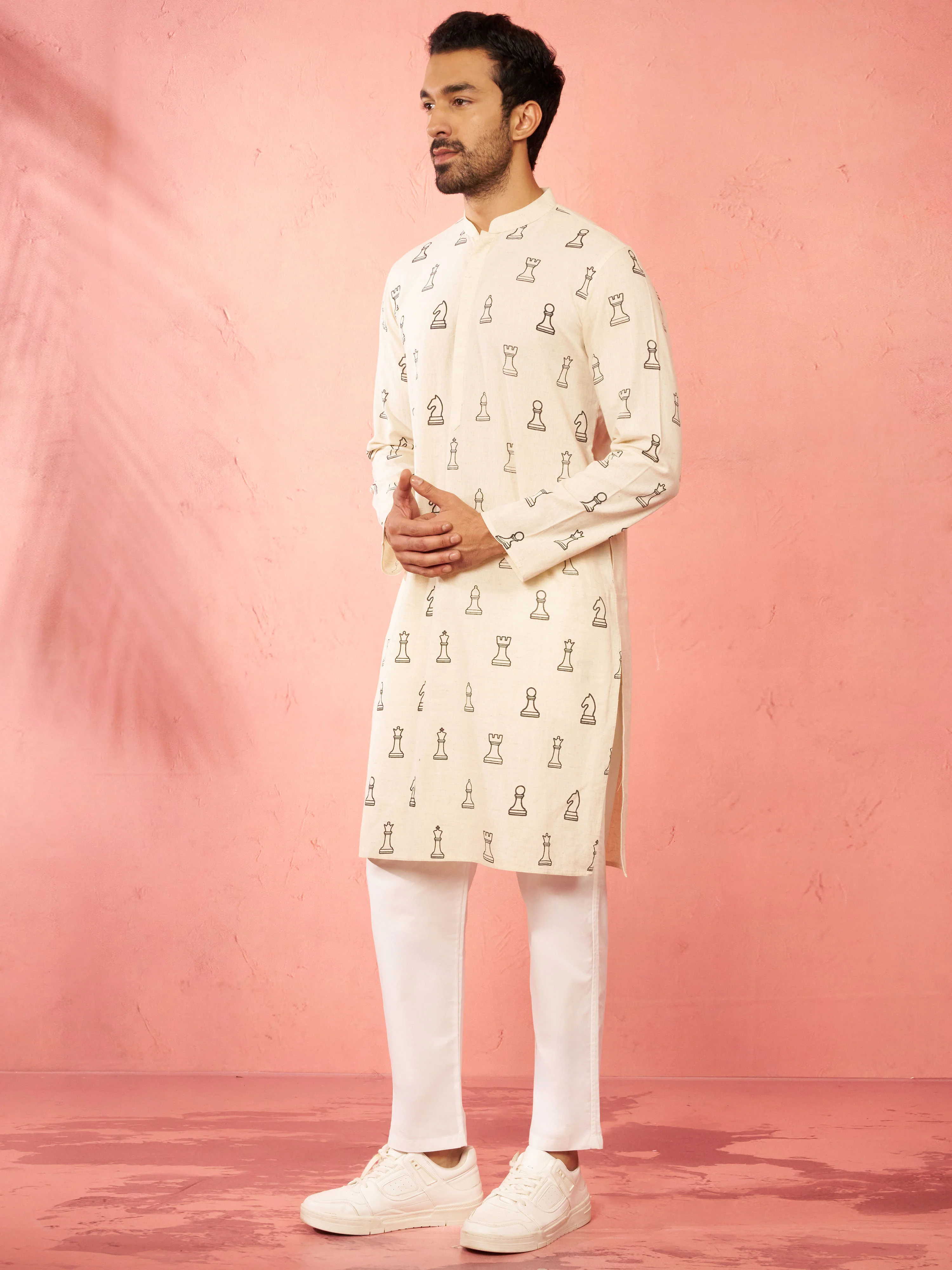 Men's Cream Cotton Kurta with White Pyjama - Image 4