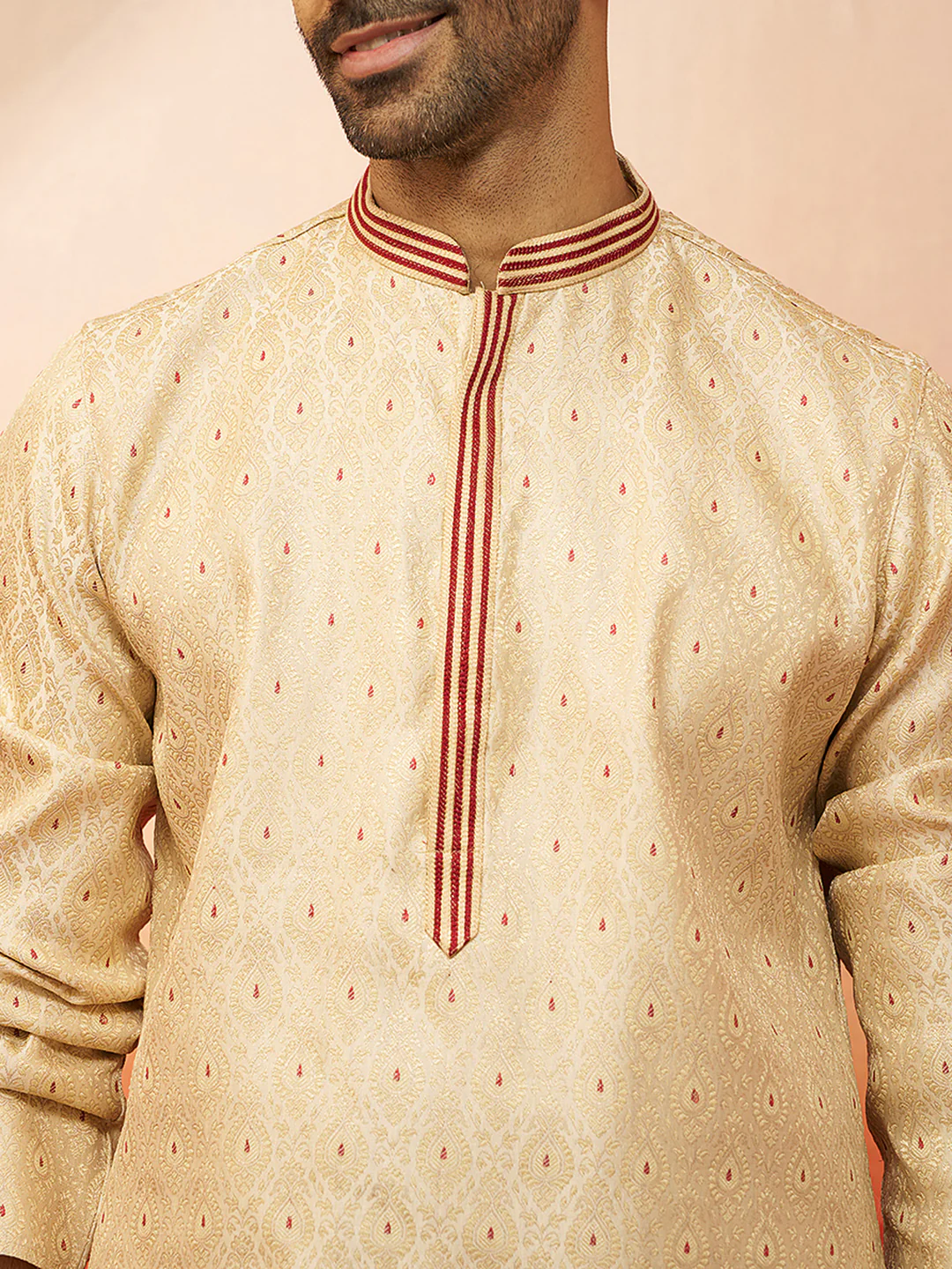 Men's Cream Embroidered Kurta with Maroon Churidar - Image 2