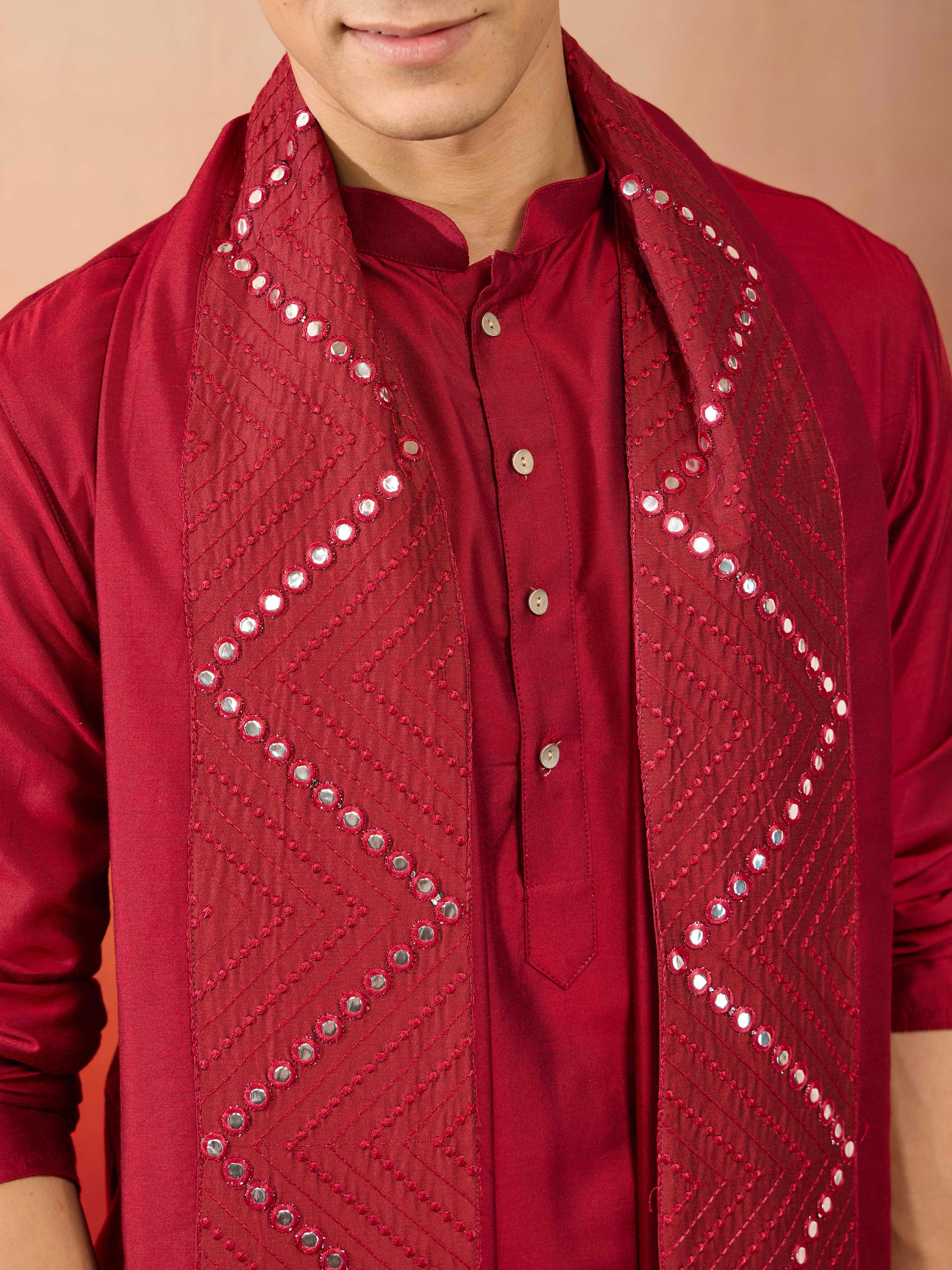 Men's Cream Embroidered Kurta with Maroon Churidar and Mirror Work Dupatta Set - Image 2