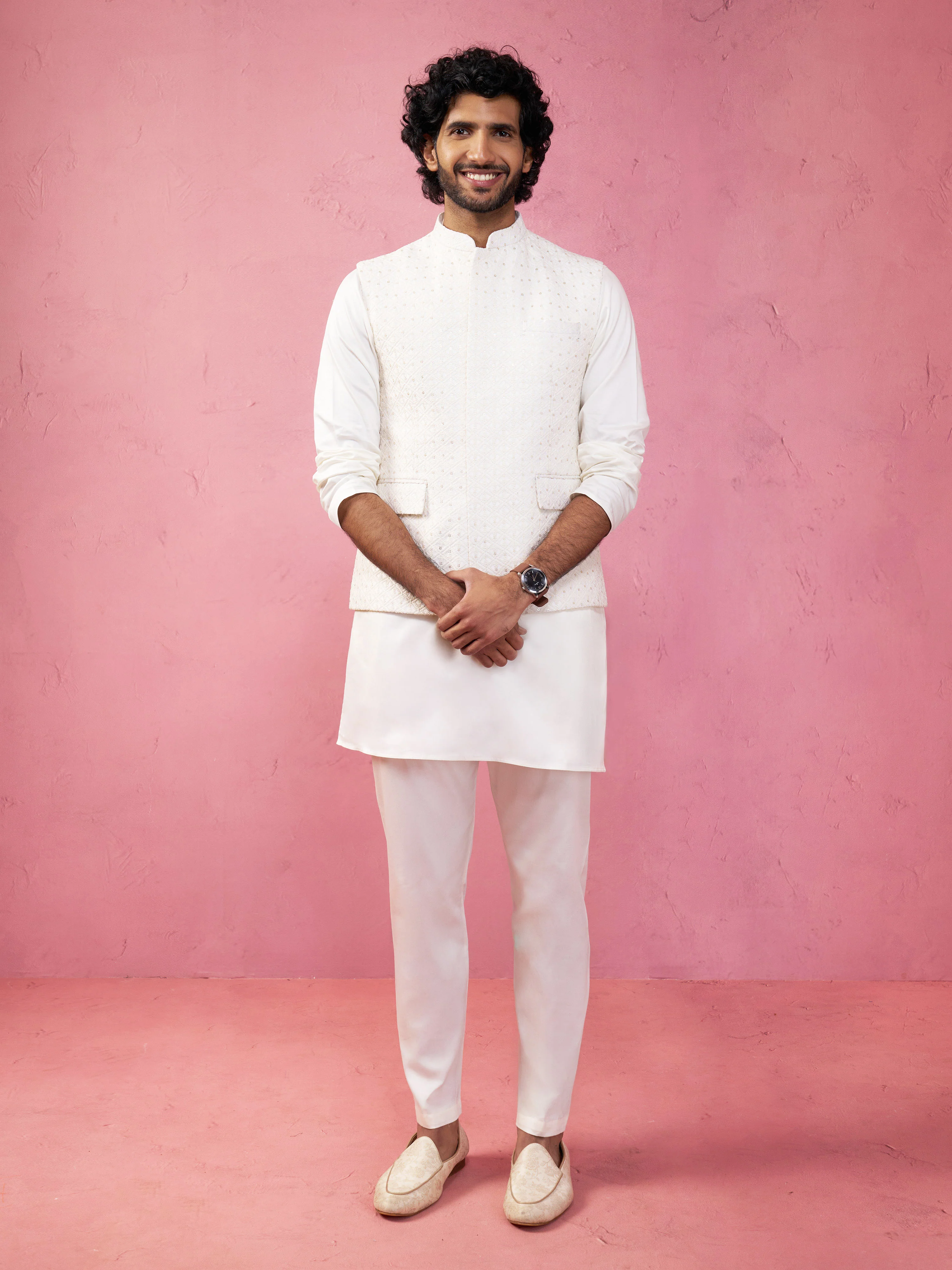 Men's Cream Embroidered Nehru Jacket with Kurta Pyjama - Image 4