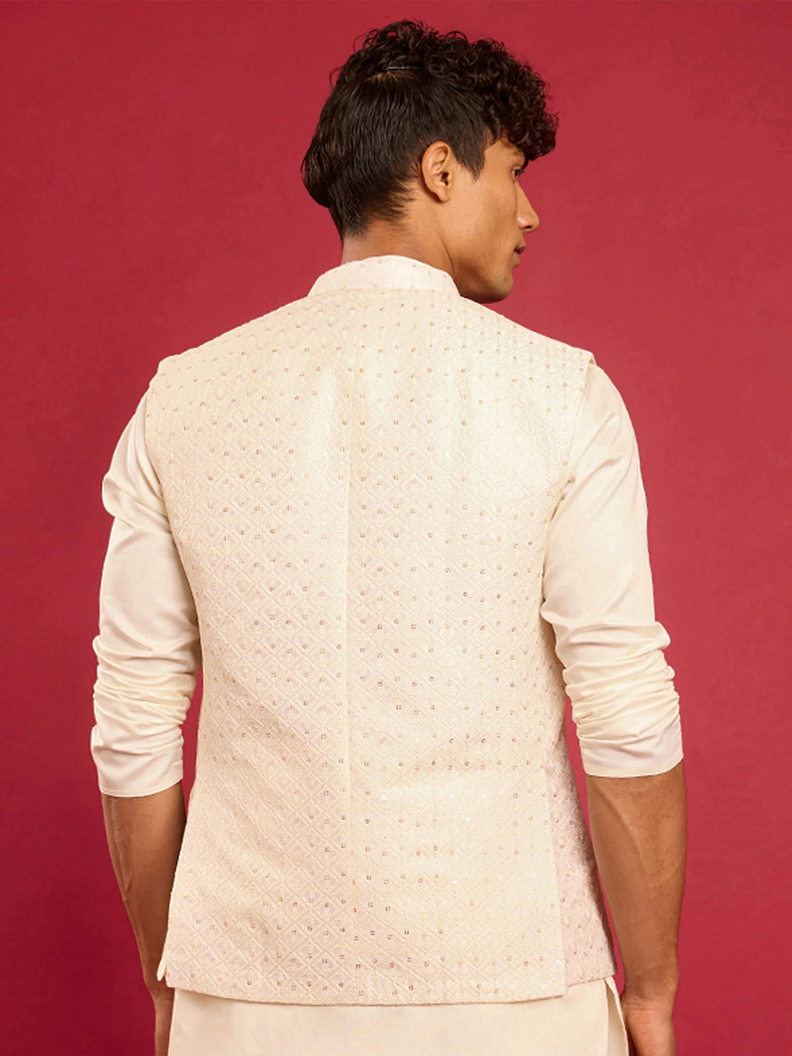 Men's Cream Kia Silk Embroidered Nehru Jacket - Image 5