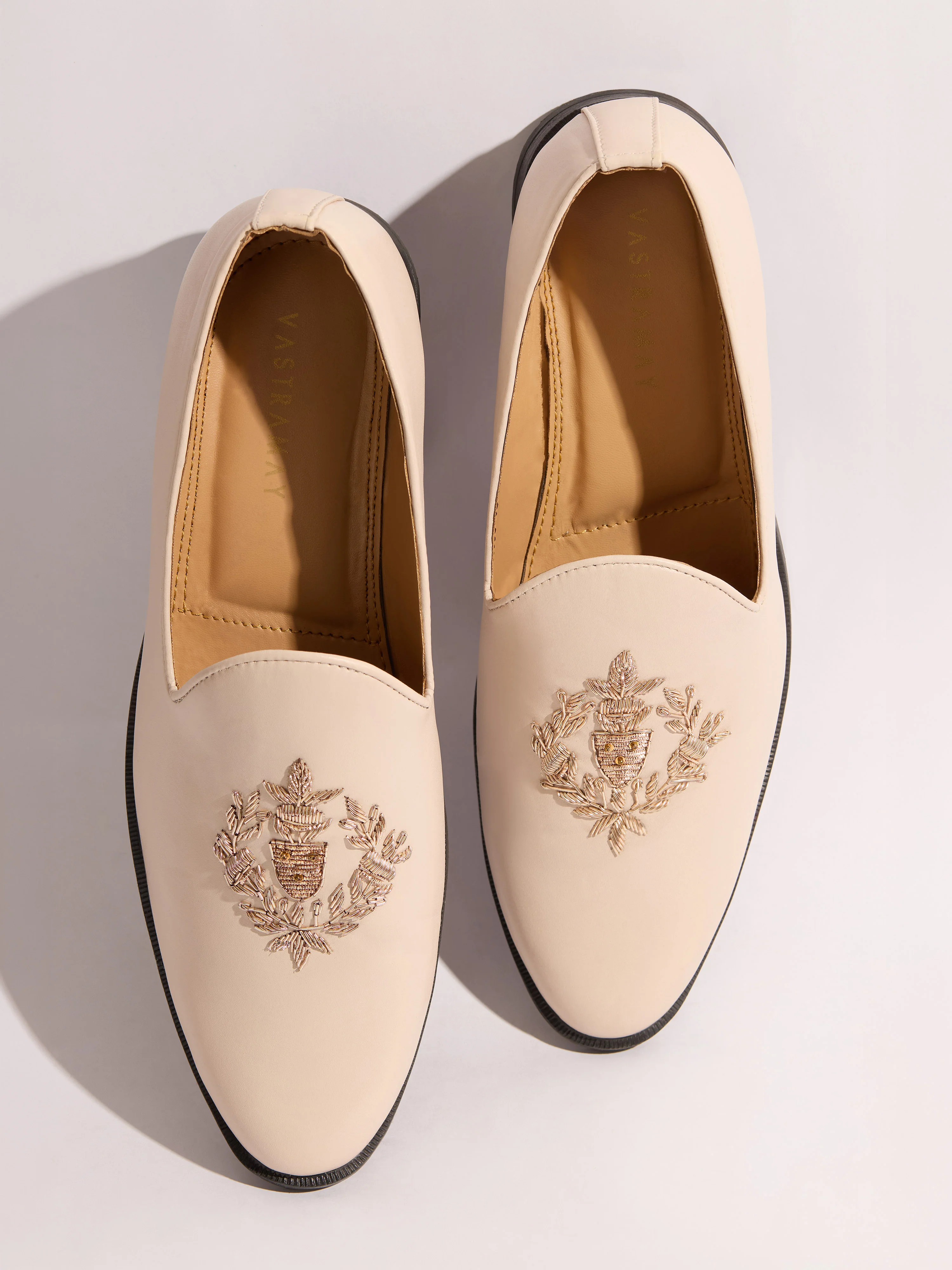 Men's Cream Zardozi Crest Loafer | Gold Laurel Wreath Embroidery | Faux Leather Matte Finish | Almond Toe | TPR Sole | All Season