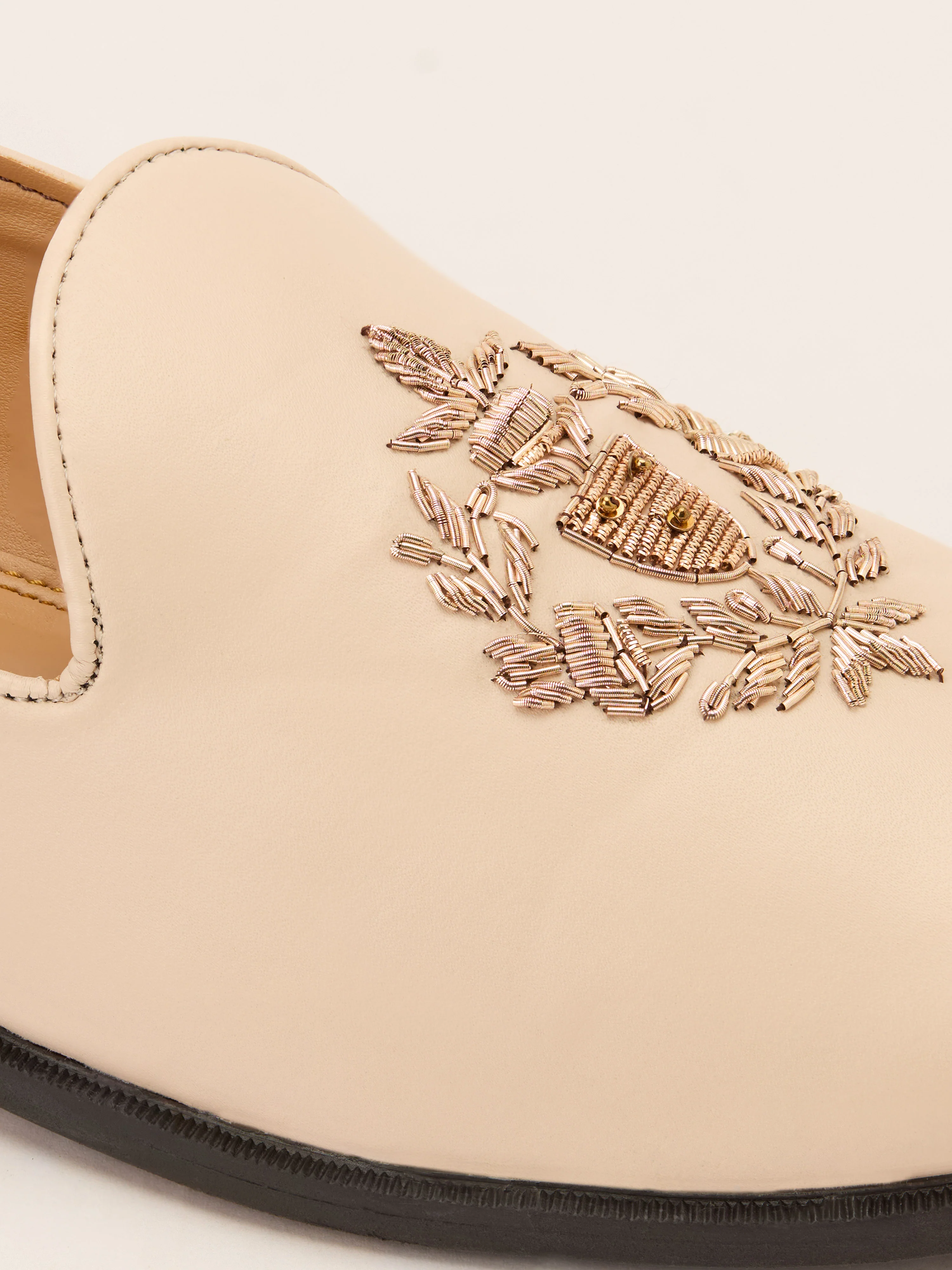 Men's Cream Zardozi Crest Loafer | Gold Laurel Wreath Embroidery | Faux Leather Matte Finish | Almond Toe | TPR Sole | All Season - Image 2