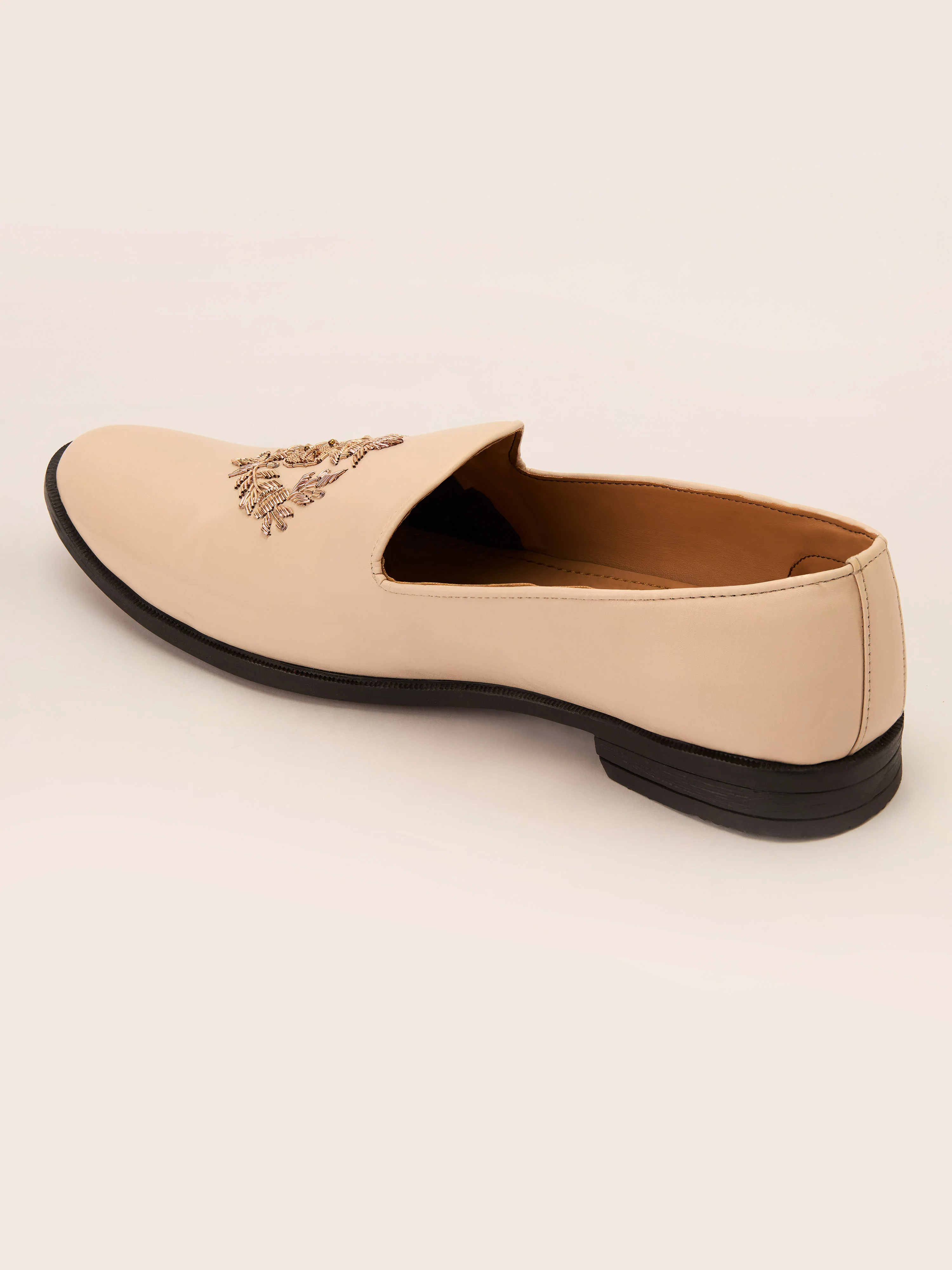 Men's Cream Zardozi Crest Loafer | Gold Laurel Wreath Embroidery | Faux Leather Matte Finish | Almond Toe | TPR Sole | All Season - Image 4