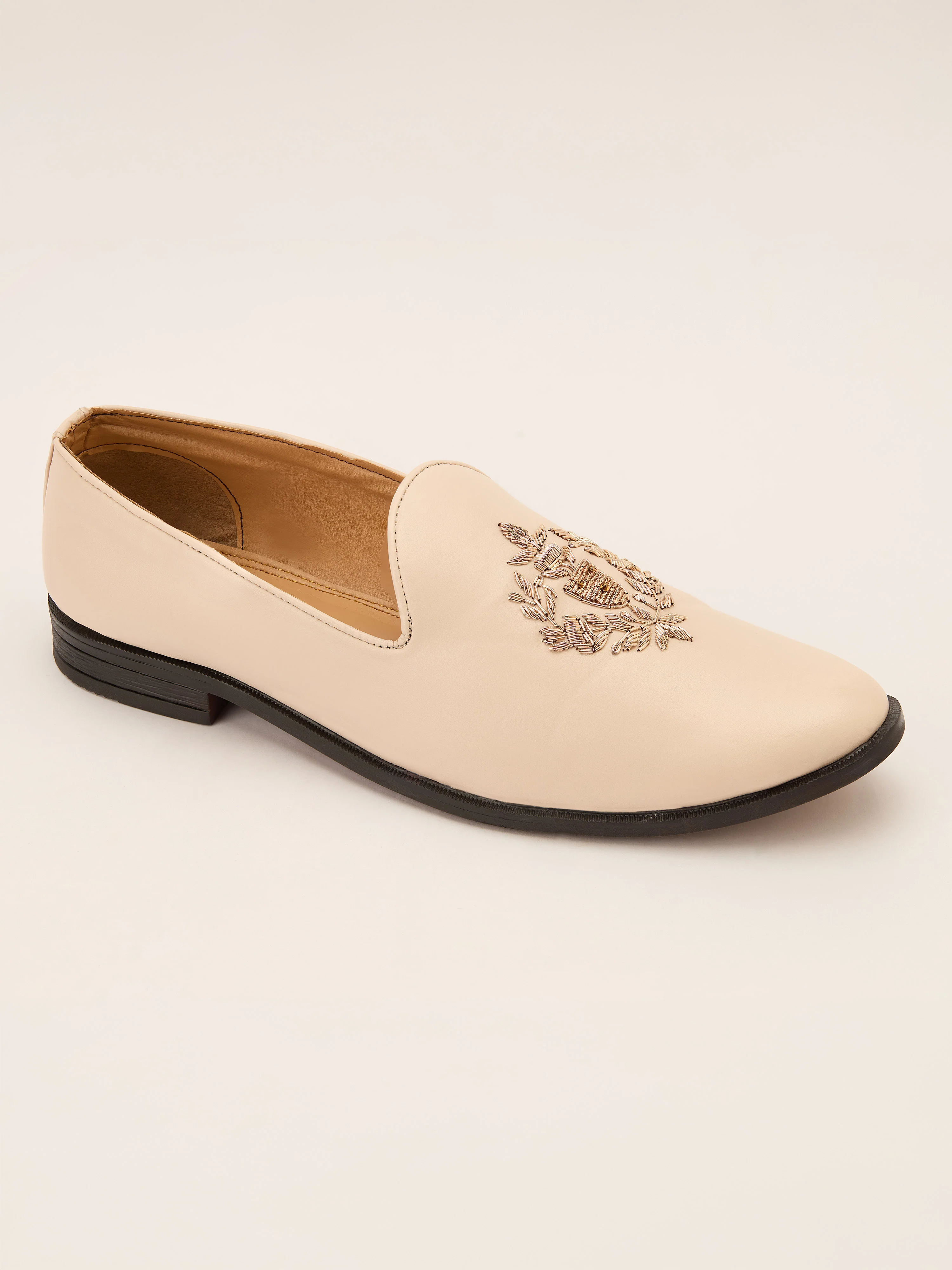 Men's Cream Zardozi Crest Loafer | Gold Laurel Wreath Embroidery | Faux Leather Matte Finish | Almond Toe | TPR Sole | All Season - Image 5