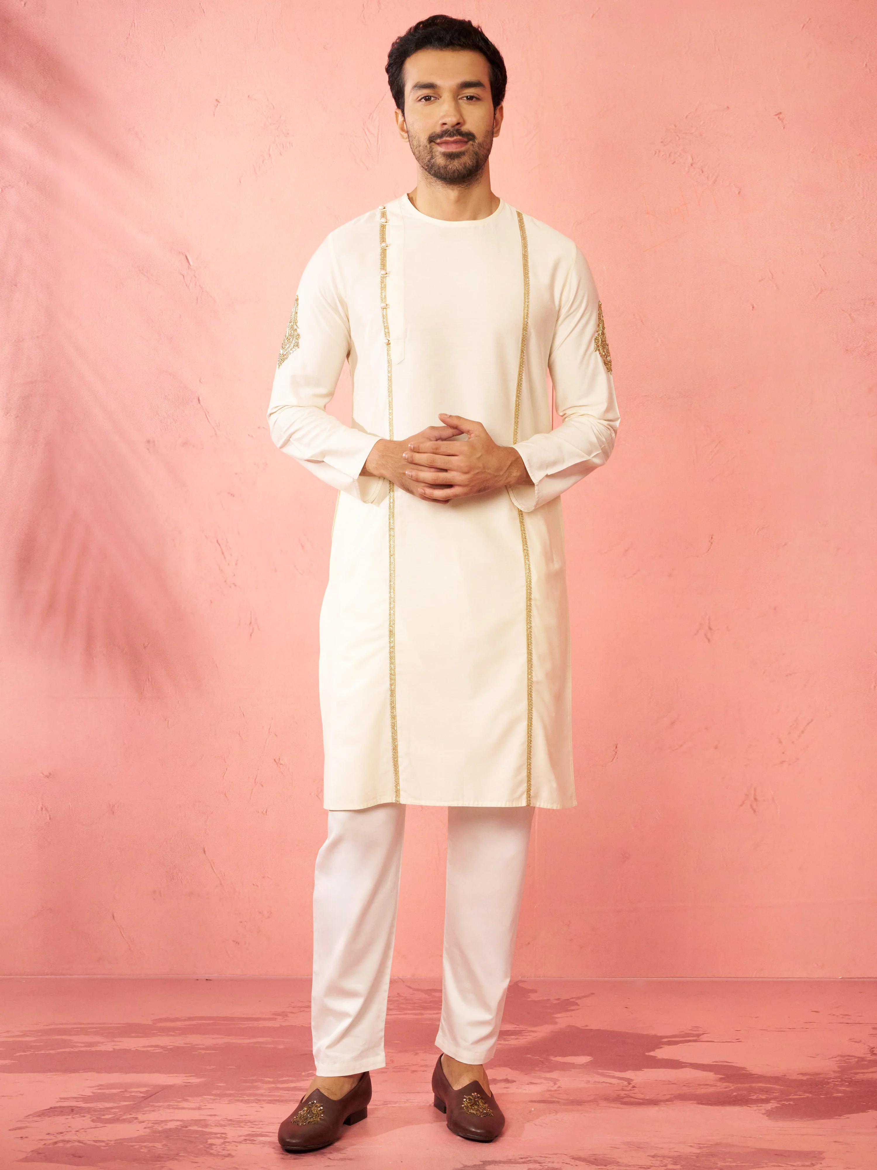 Men's Cream Zardozi Kurta Pant Set - Image 3