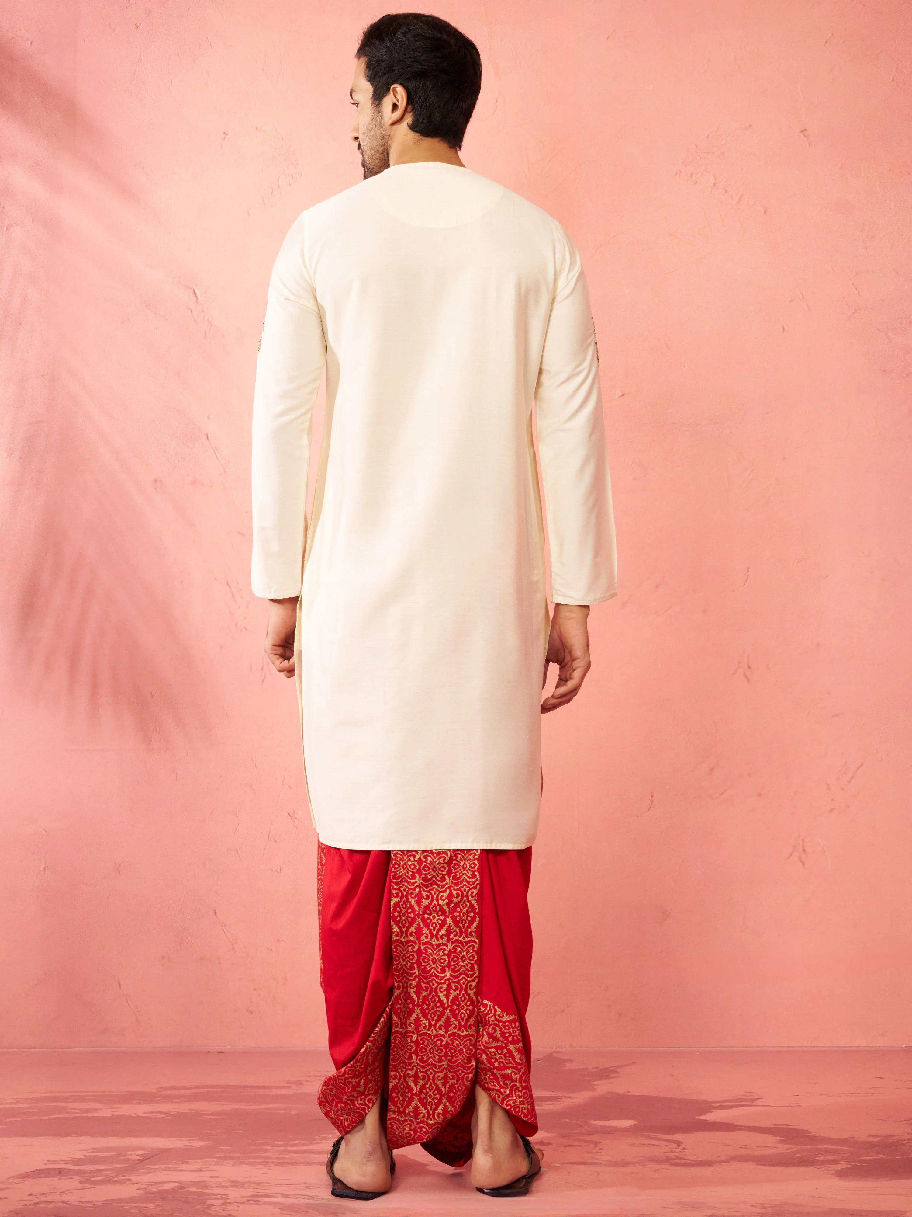 Men's Cream Zardozi Kurta Red Dhoti Set - Image 5