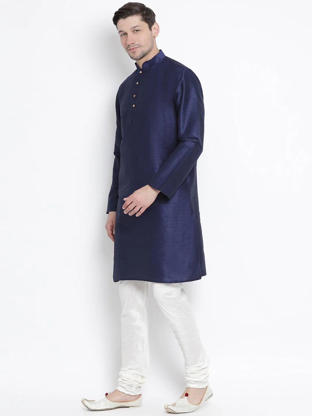 VASTRAMAY Men's Dark Blue Cotton Silk Blend Kurta and Pyjama Set - Image 2