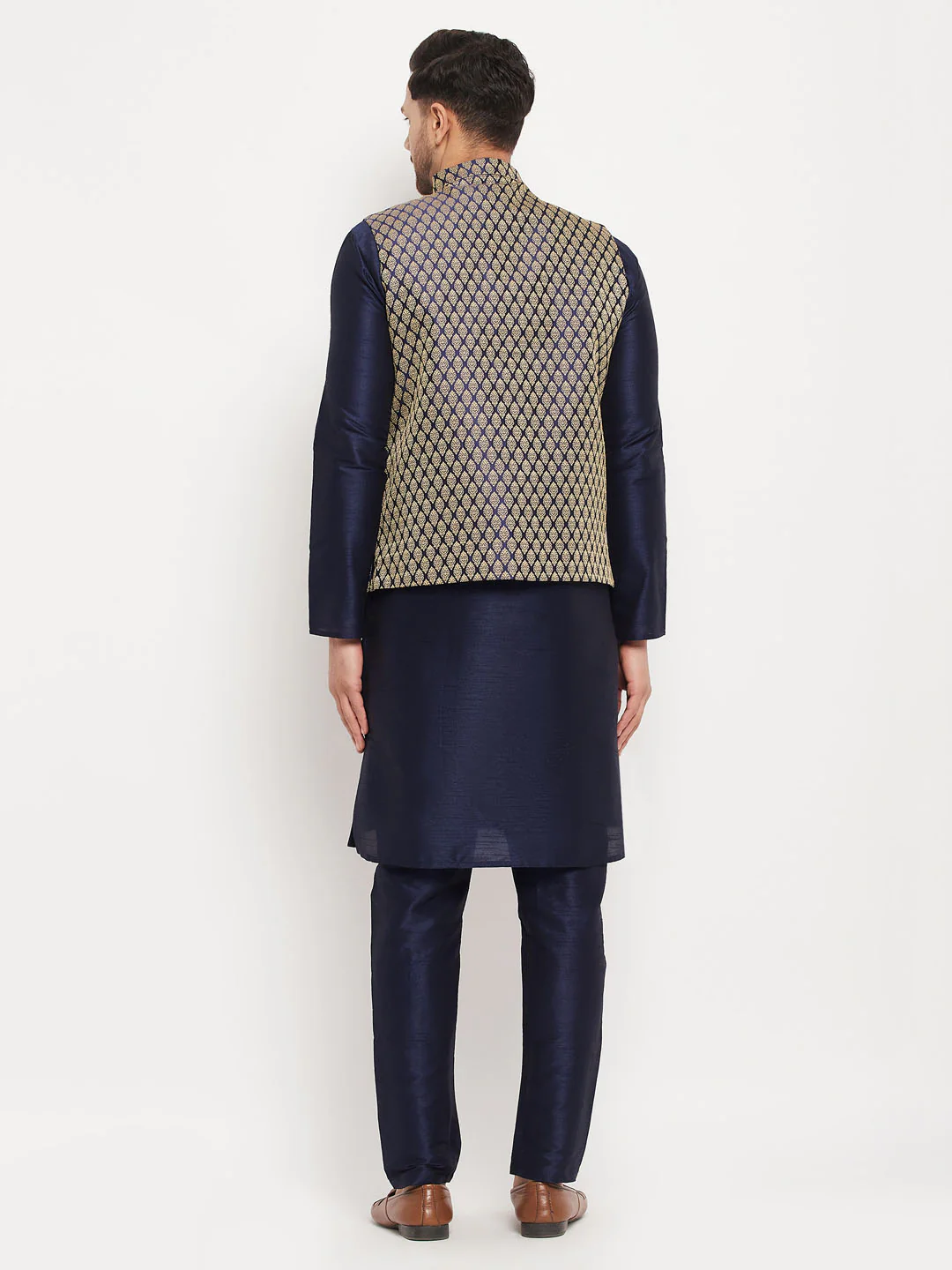 VASTRAMAY Men's BlueSilk Blend Jacket With Kurta Pant  Set - Image 3