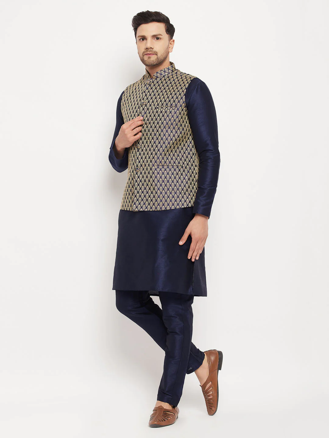 VASTRAMAY Men's BlueSilk Blend Jacket With Kurta Pant  Set - Image 6