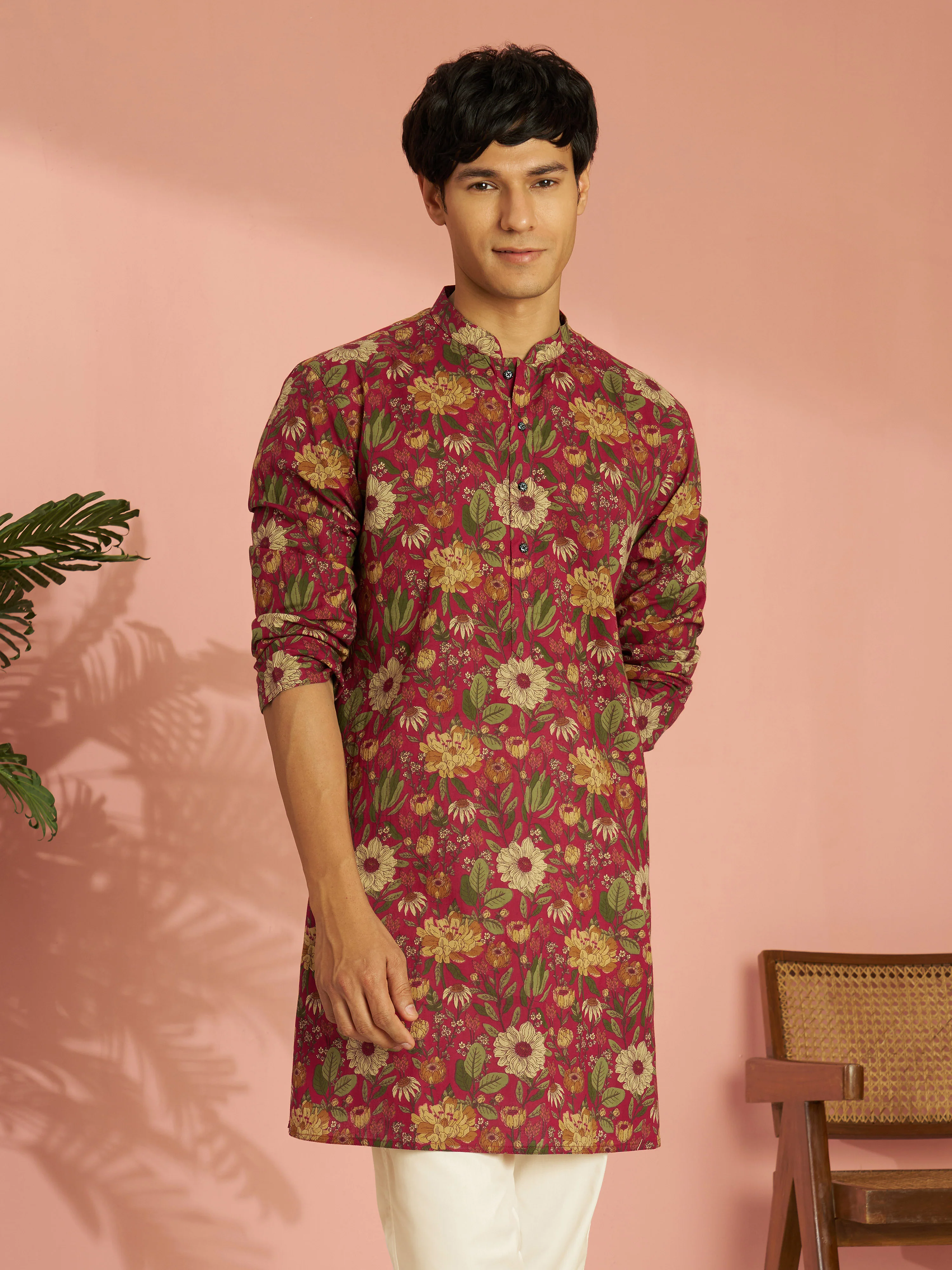 Men's Falsa Cotton Floral Printed Mid-Length Kurta - Image 4