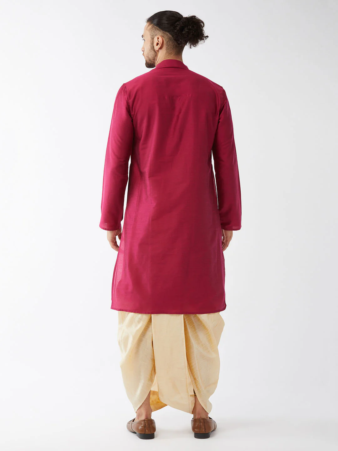 Men's Fuchsia Pink And Gold Cotton Silk Blend Kurta And Dhoti Set - Image 3