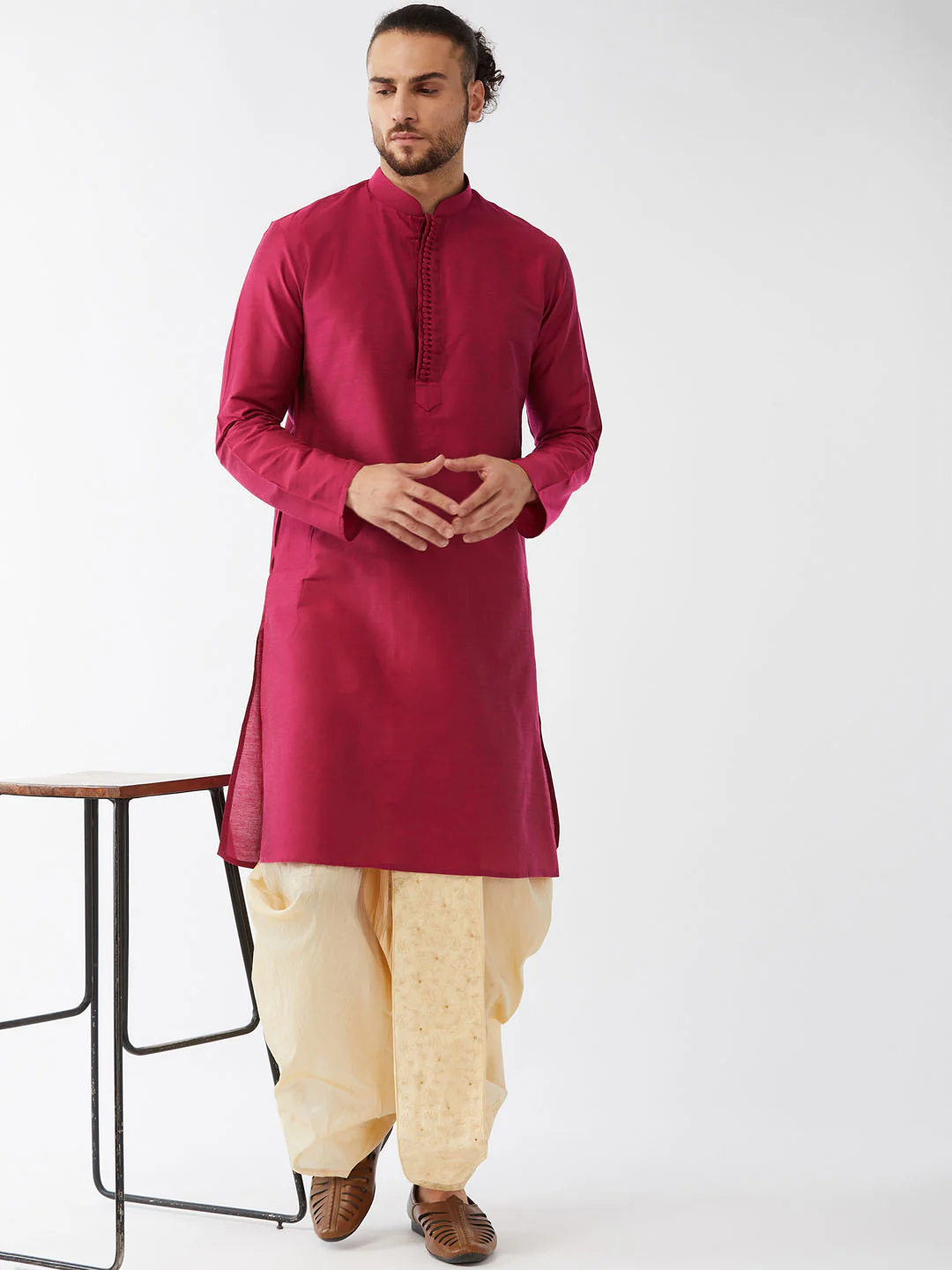 Men's Fuchsia Pink And Gold Cotton Silk Blend Kurta And Dhoti Set - Image 6