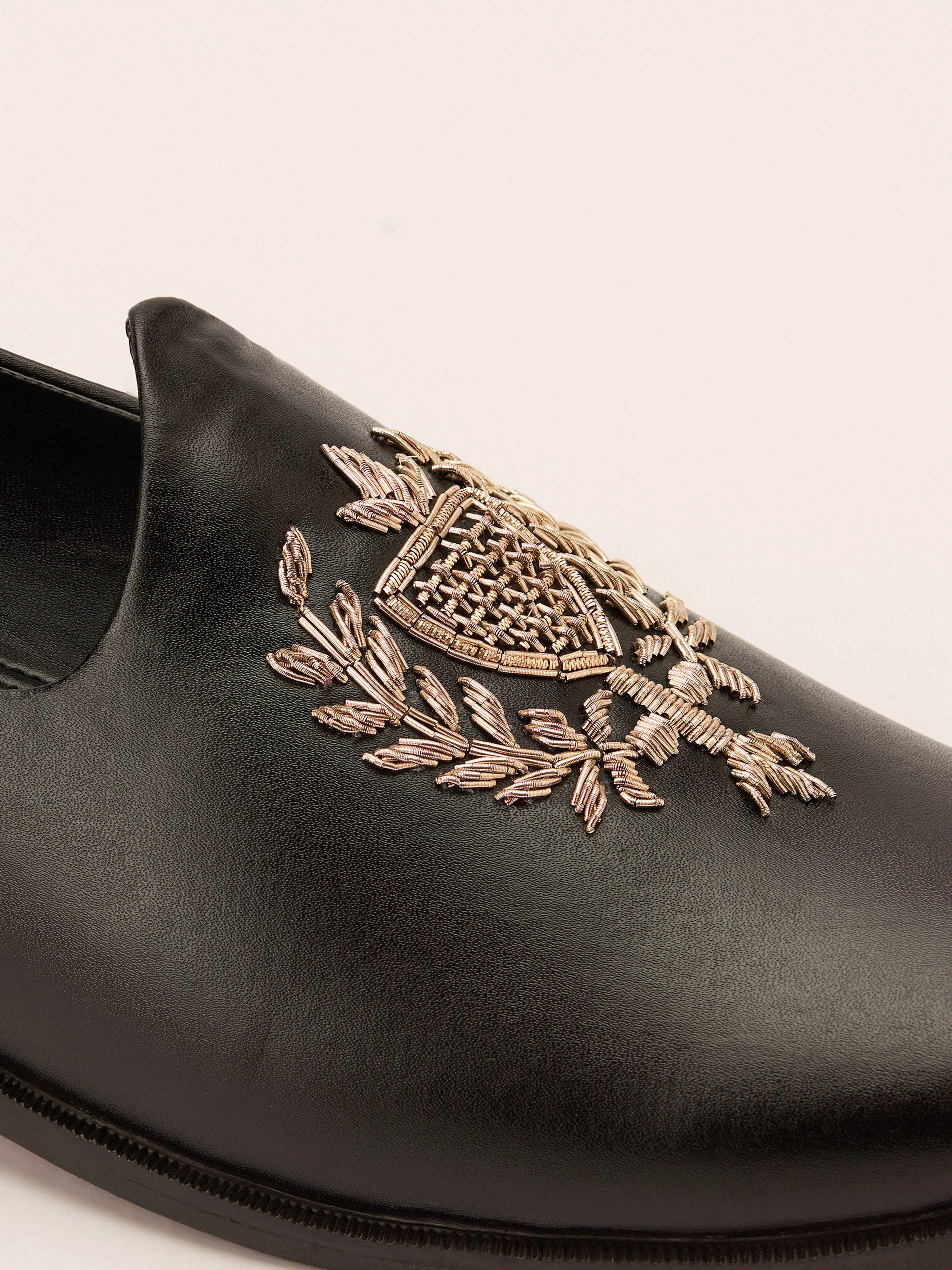 Men's Full Black Textured Matte Loafer | Gold Zardozi Shield Crest | Slip-On | Almond Toe | TPR Sole | All Season - Image 2