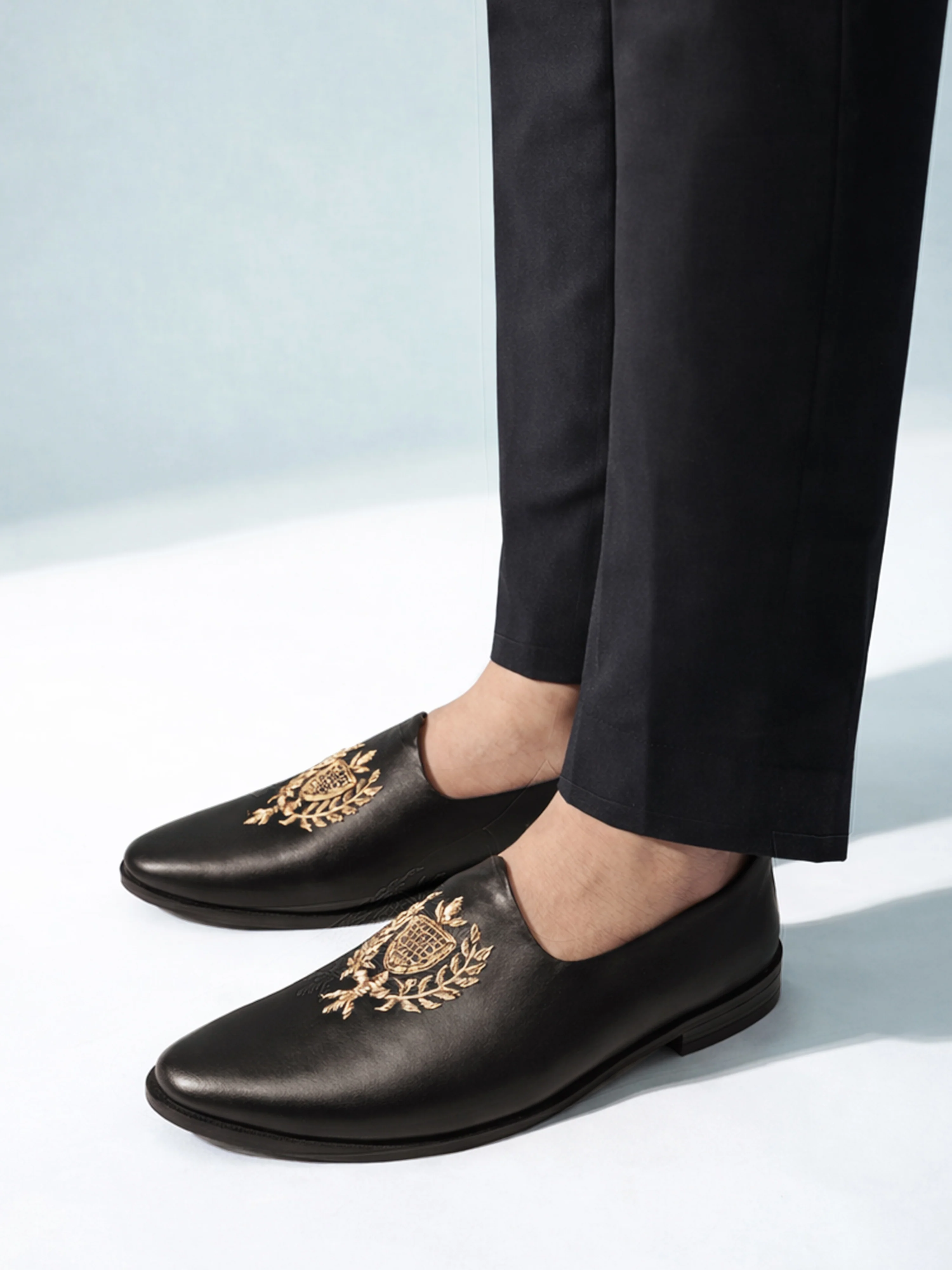 Men's Full Black Textured Matte Loafer | Gold Zardozi Shield Crest | Slip-On | Almond Toe | TPR Sole | All Season - Image 3