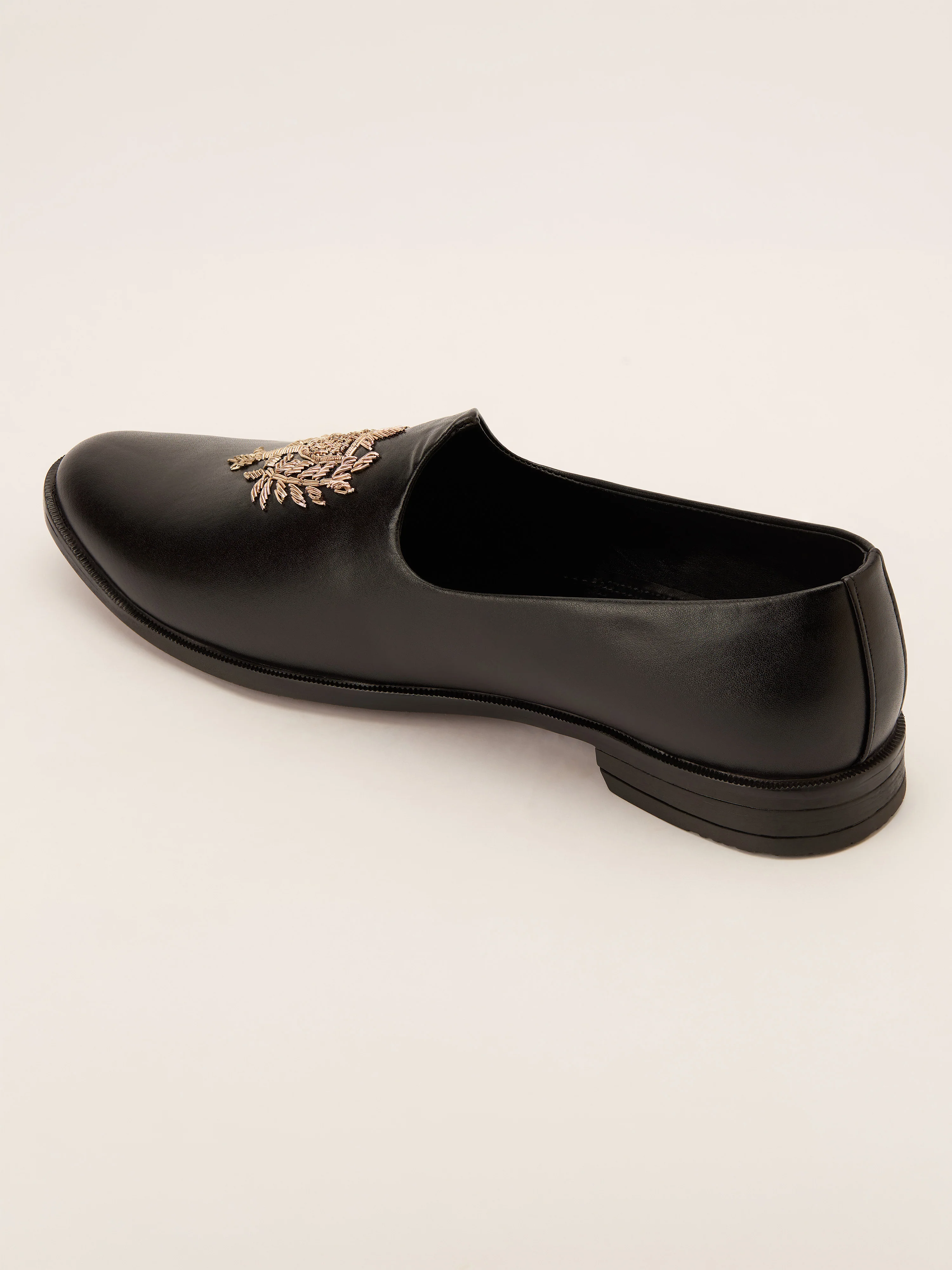 Men's Full Black Textured Matte Loafer | Gold Zardozi Shield Crest | Slip-On | Almond Toe | TPR Sole | All Season - Image 4