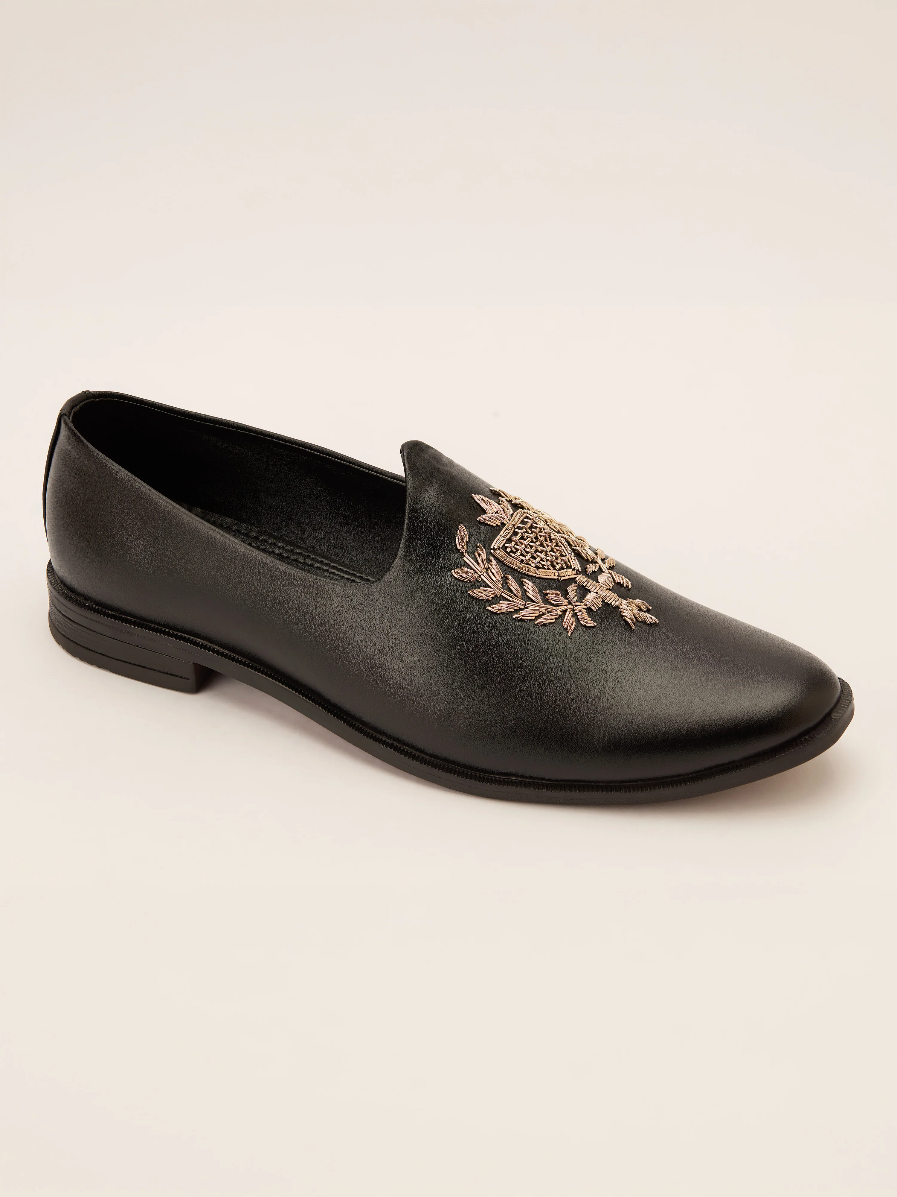 Men's Full Black Textured Matte Loafer | Gold Zardozi Shield Crest | Slip-On | Almond Toe | TPR Sole | All Season - Image 5