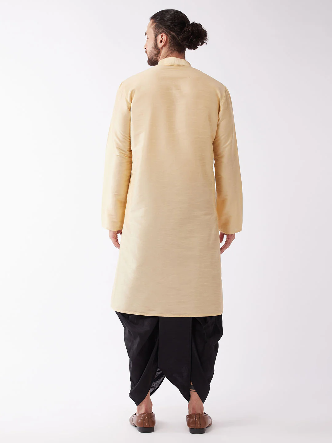 Men's Gold  Silk Blend Kurta And Black Dhoti Set - Image 3