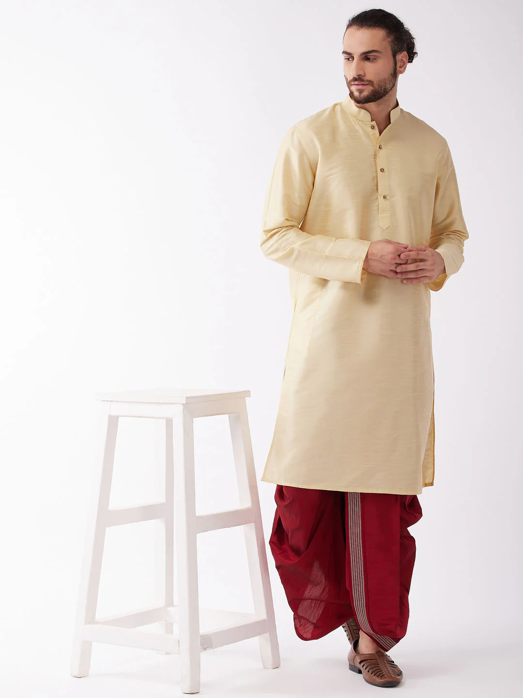 Men's Gold And Maroon Silk Blend Kurta And Dhoti Set - Image 6