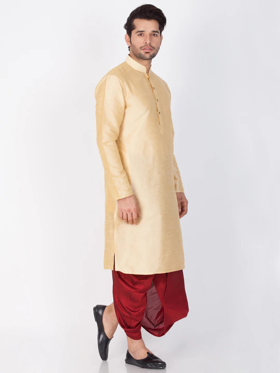 VASTRAMAY Men's Gold Cotton Silk Blend Kurta and Dhoti Pant Set - Image 2