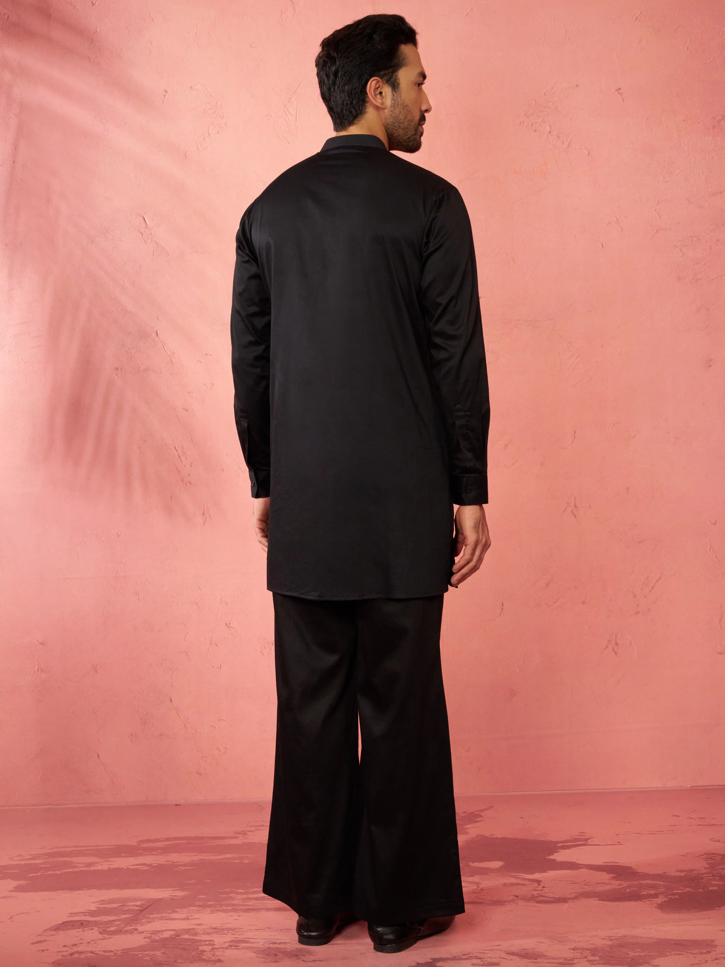 Men's Gold Fine Satin Stone Work Kurta with Black Flare Pant - Image 5