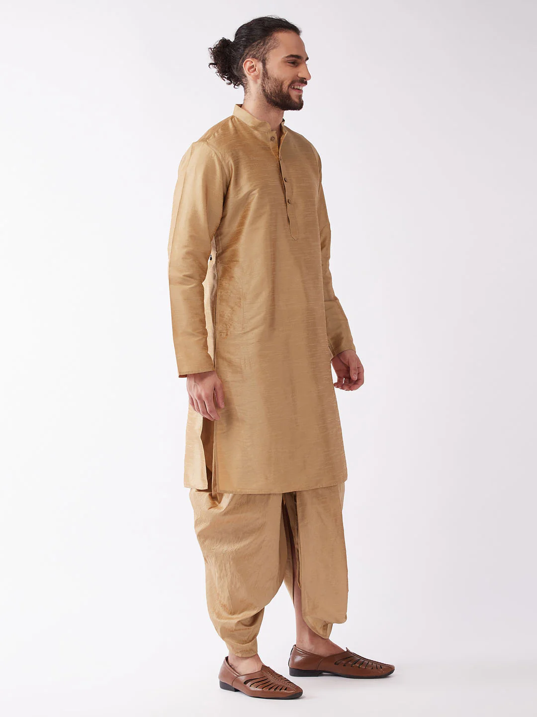 Men's Rose Gold Solid Silk Blend Kurta And Dhoti Set - Image 2