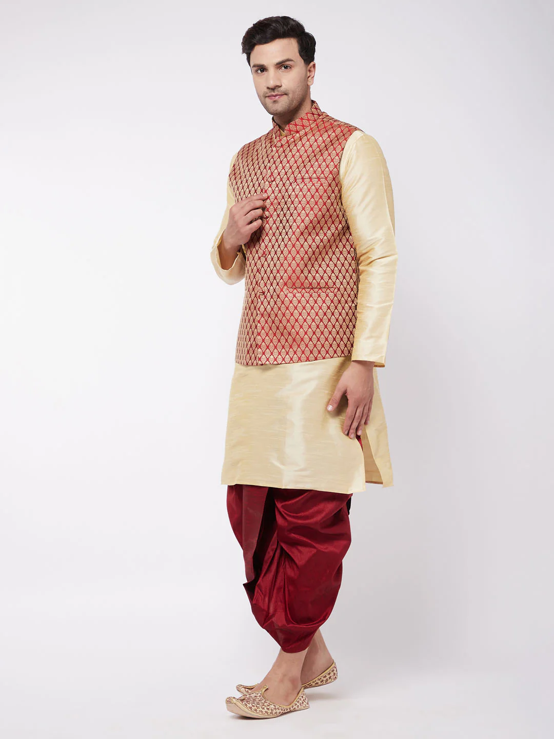 Men's Gold Silk Blend Kurta And Dhoti With Maroon Woven Nehru Jacket - Image 3