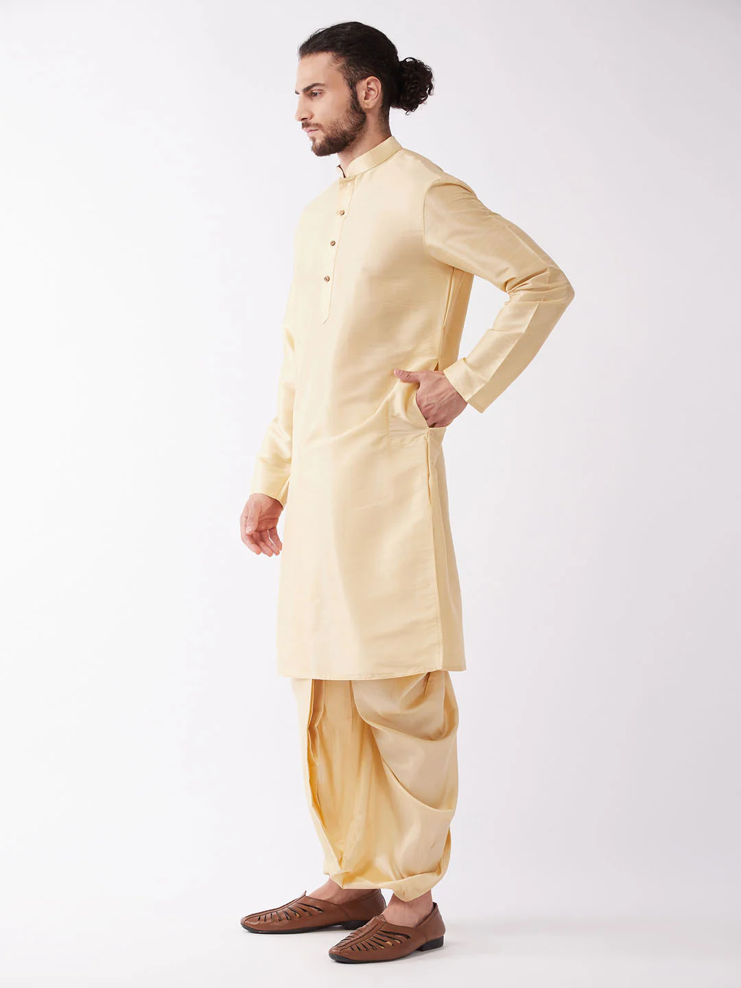 Men's Gold Solid Silk Blend Kurta And Dhoti Set - Image 2