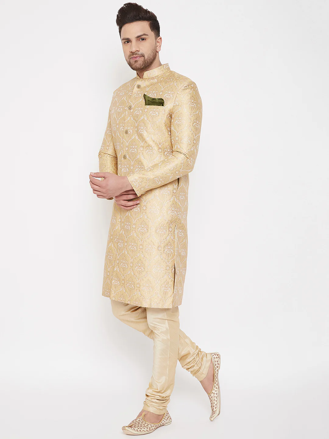 Men's Golden Brocade Slim Fit Sherwani Set - Image 2