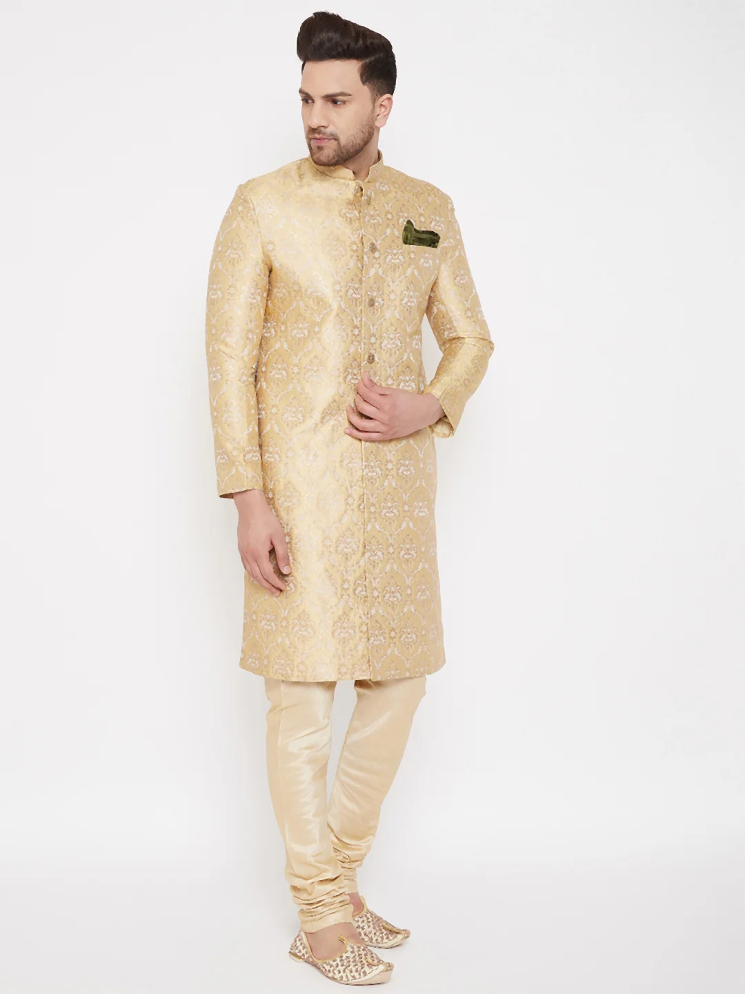 Men's Golden Brocade Slim Fit Sherwani Set - Image 6