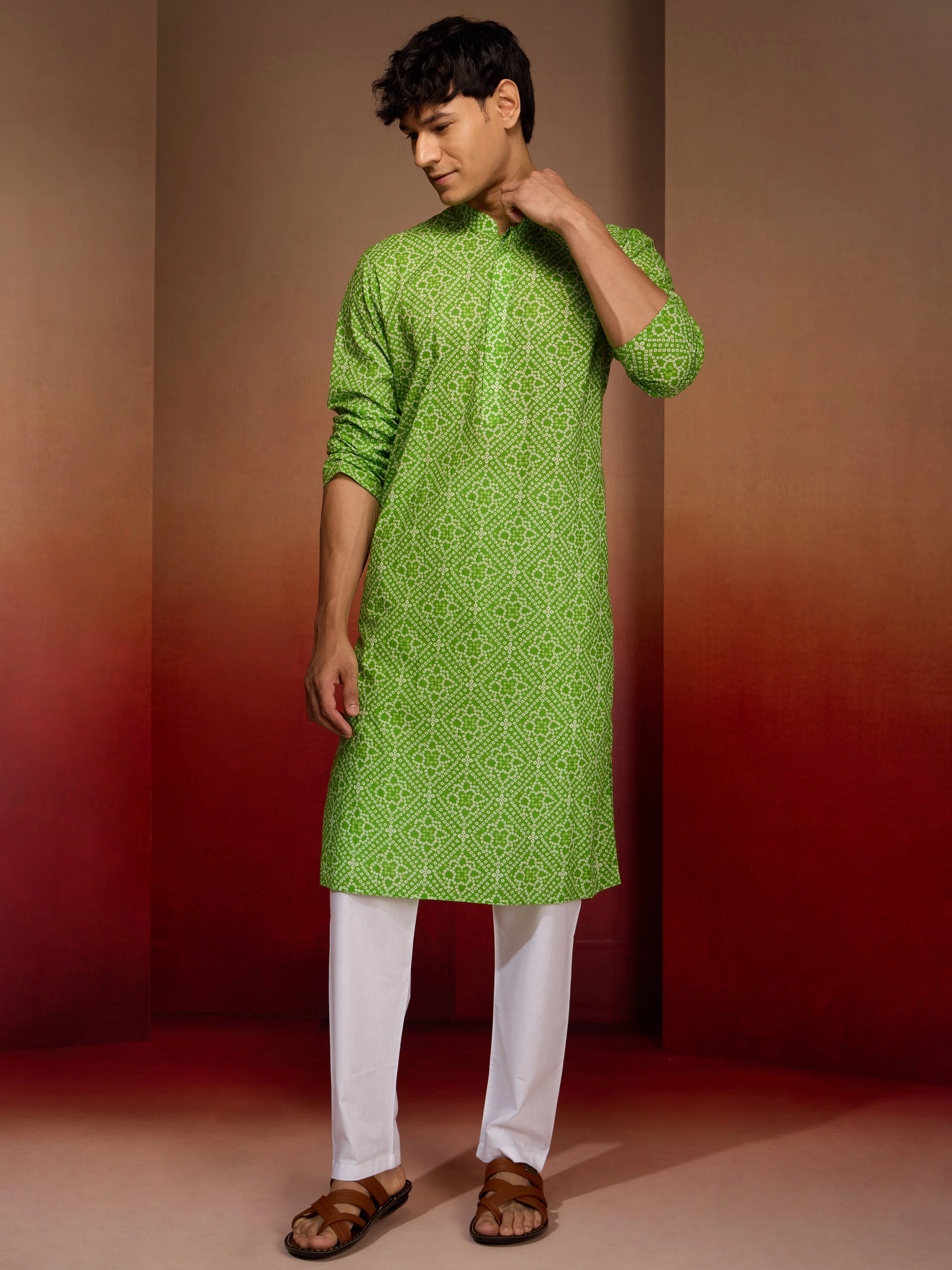 Men's Green Cotton Cambric Bandhani Kurta - Image 6