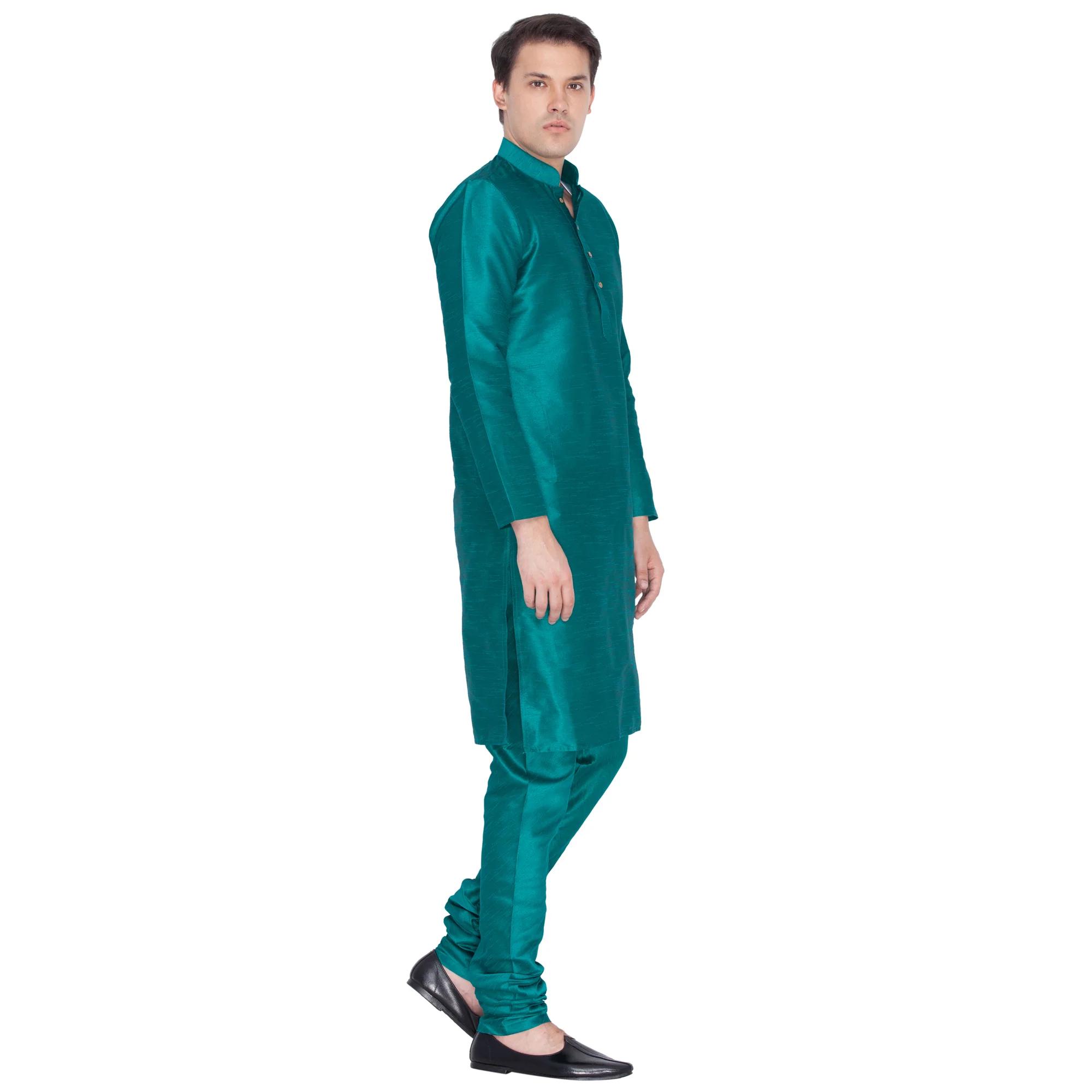 Men's Green Cotton Silk Blend Kurta and Pyjama Set - Image 2