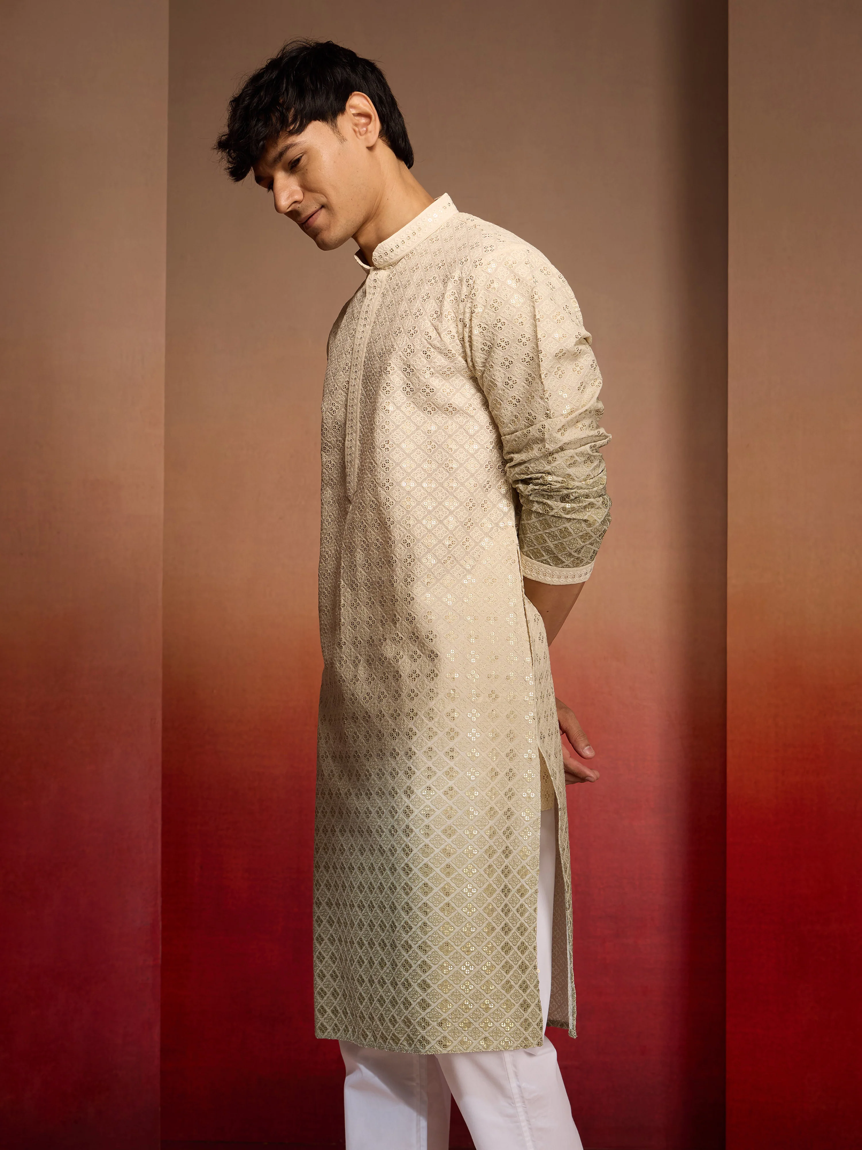 Men's Green Ombre Long Kurta - Image 4