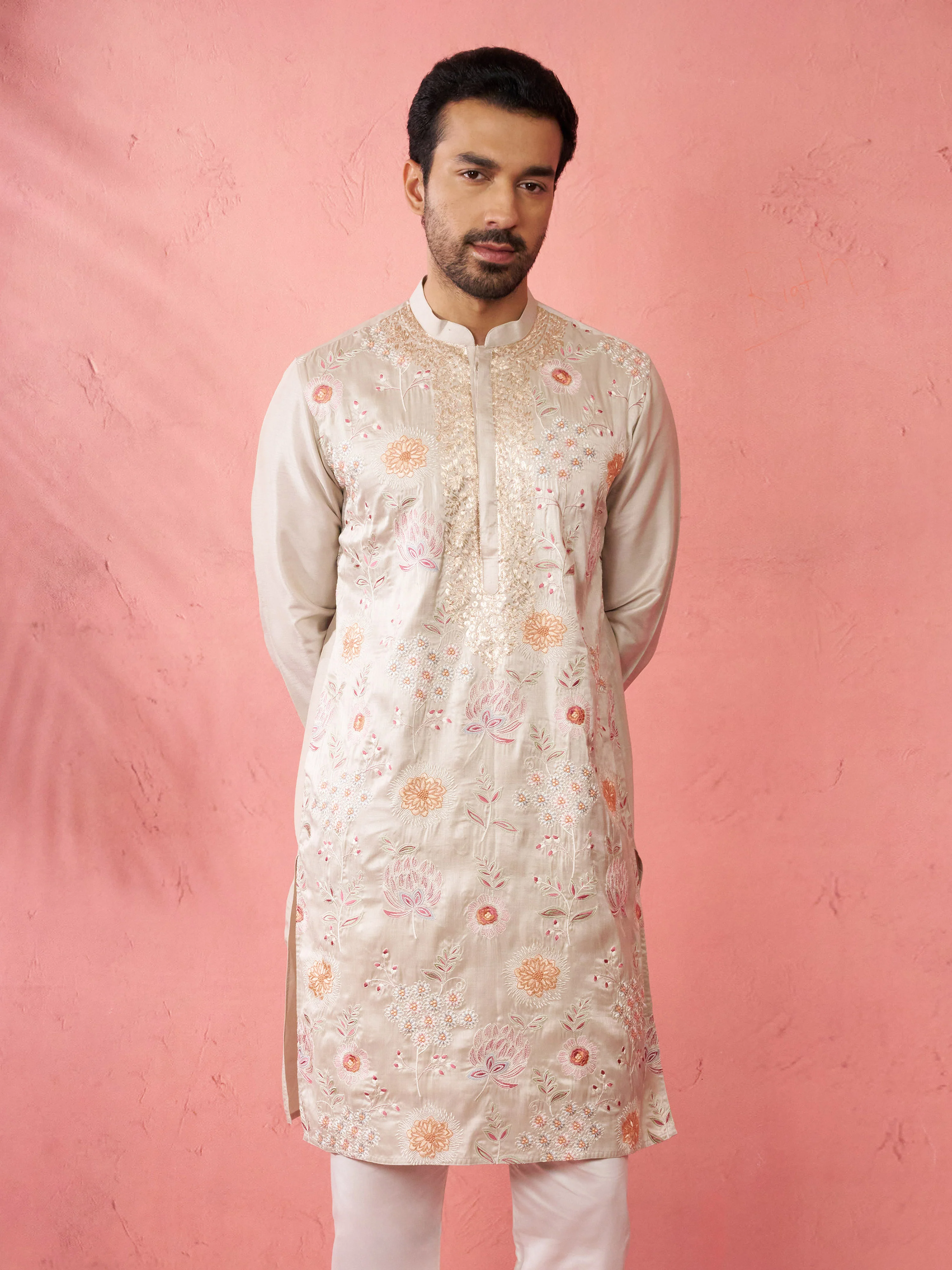 Men's Grey Silk Blend Kurta - Image 3