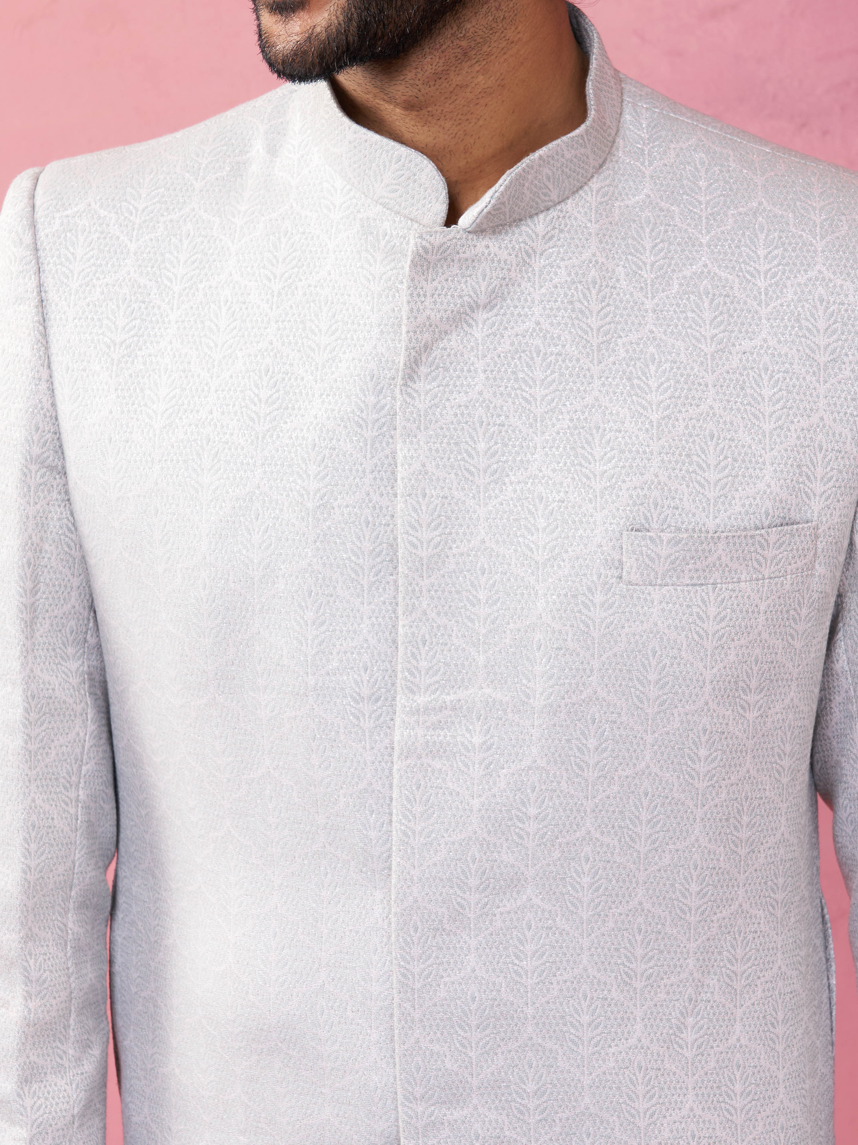 Men's Grey Silk Blend Sherwani Set with Cream Pyjama - Image 2