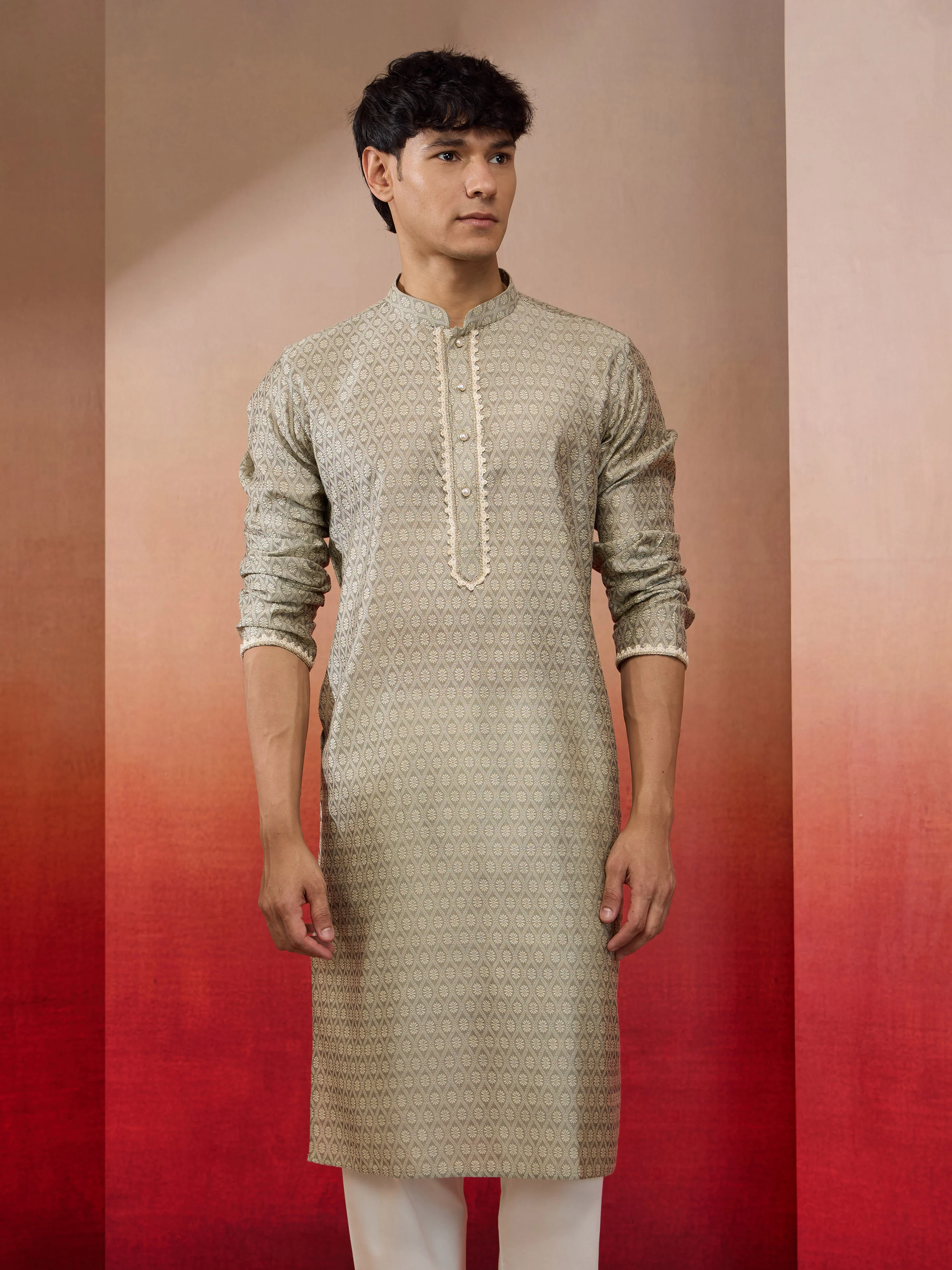 Men's Grey Silk Jacquard Kurta - Image 3