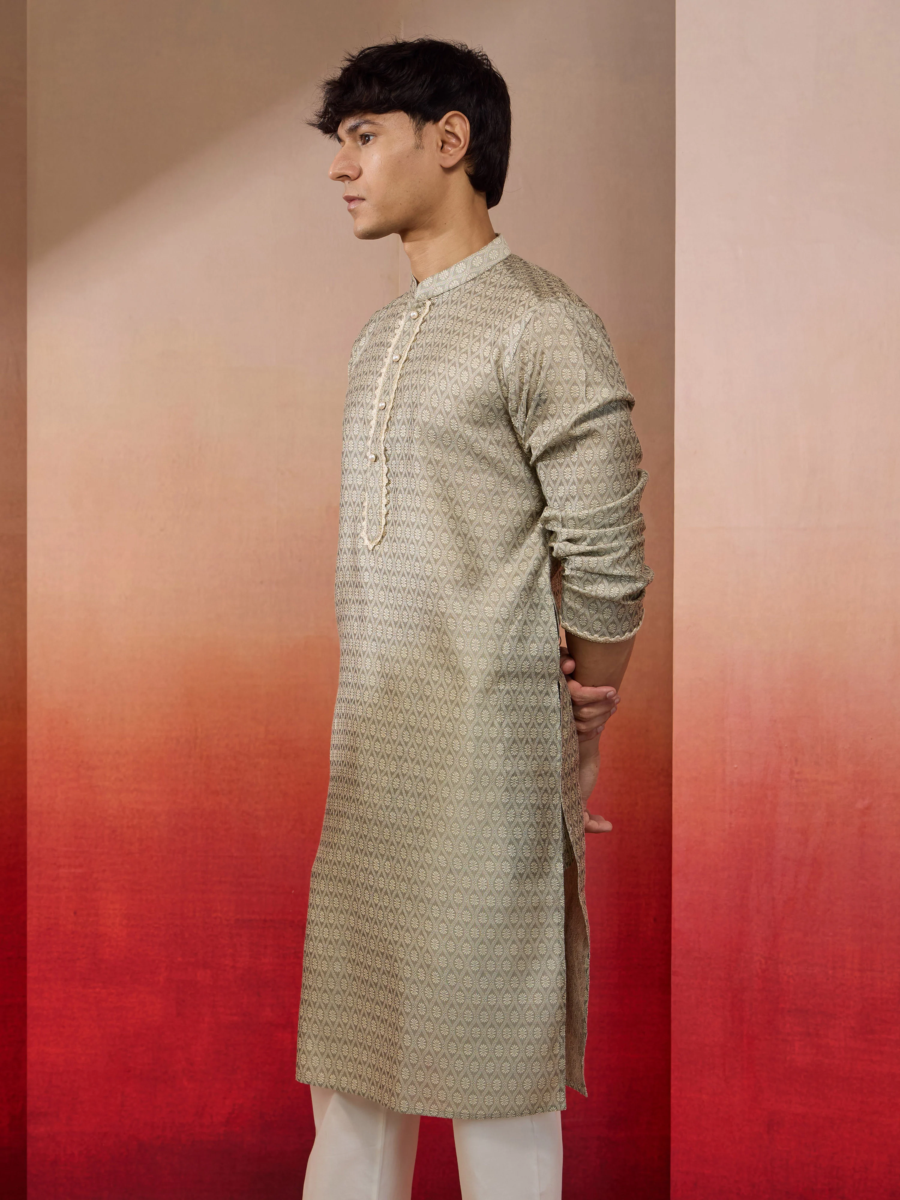 Men's Grey Silk Jacquard Kurta - Image 4