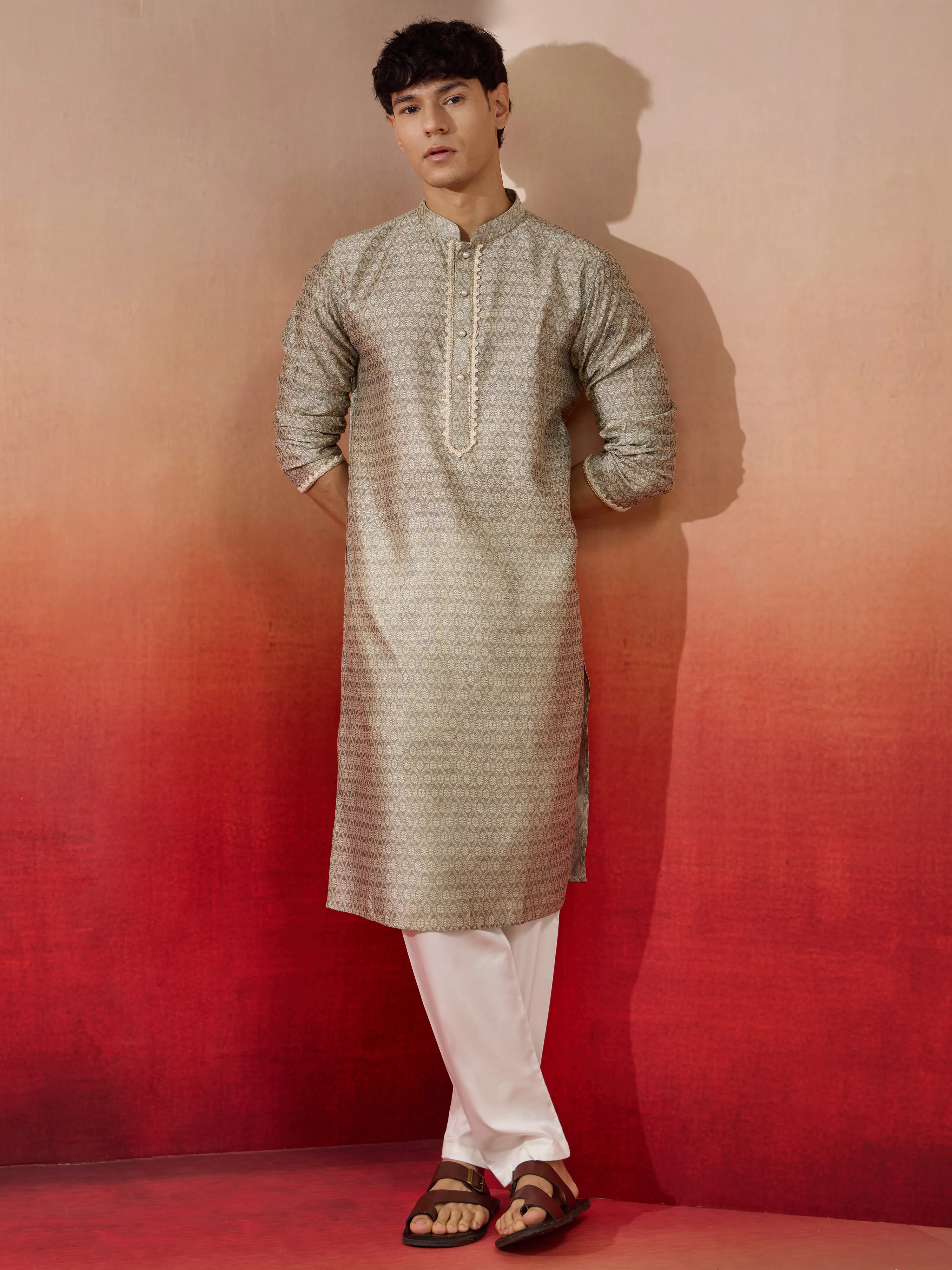 Men's Grey Silk Jacquard Kurta - Image 6
