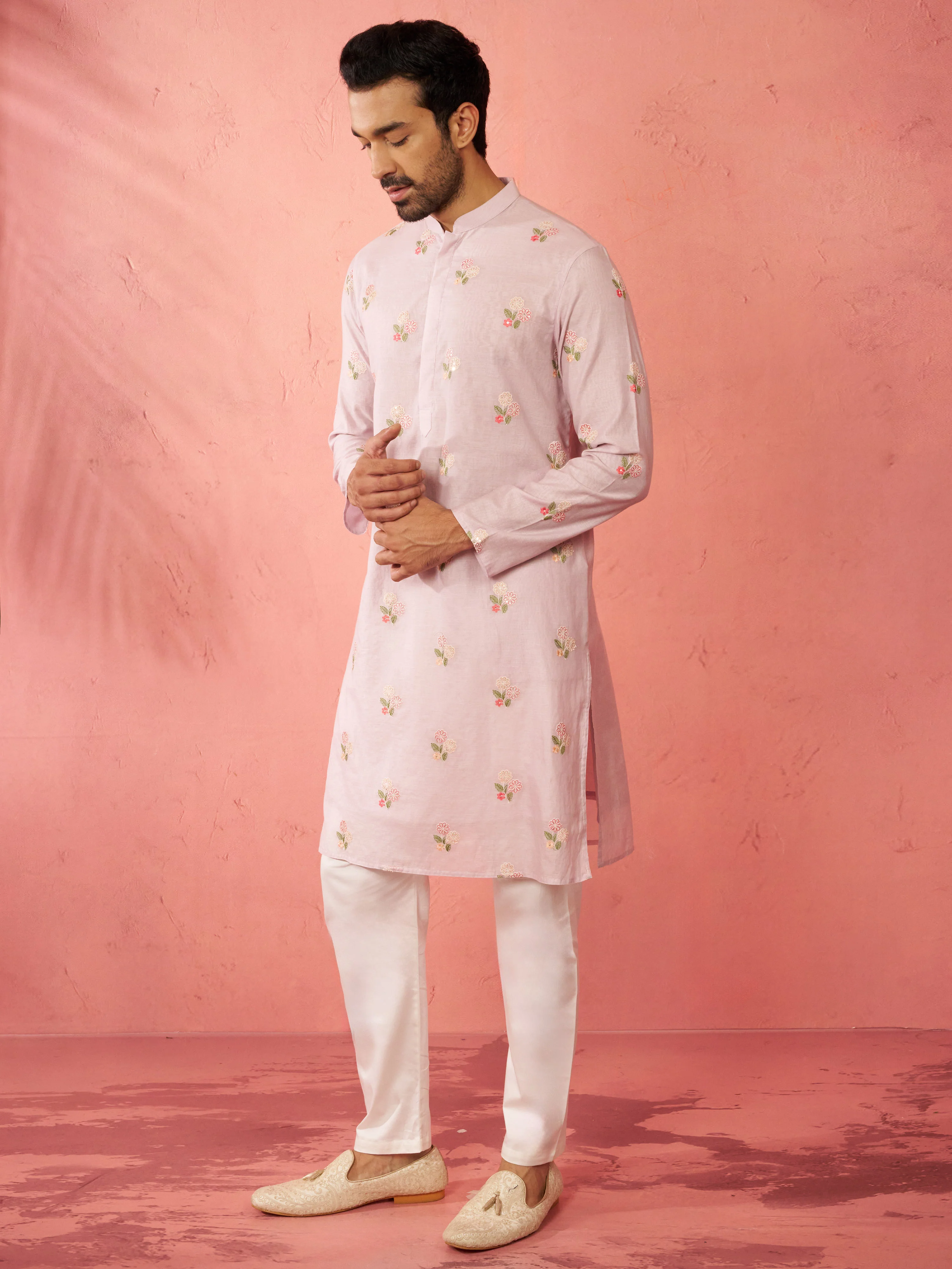 Men's Lavender Cotton Kurta with Cream Pyjama - Image 4