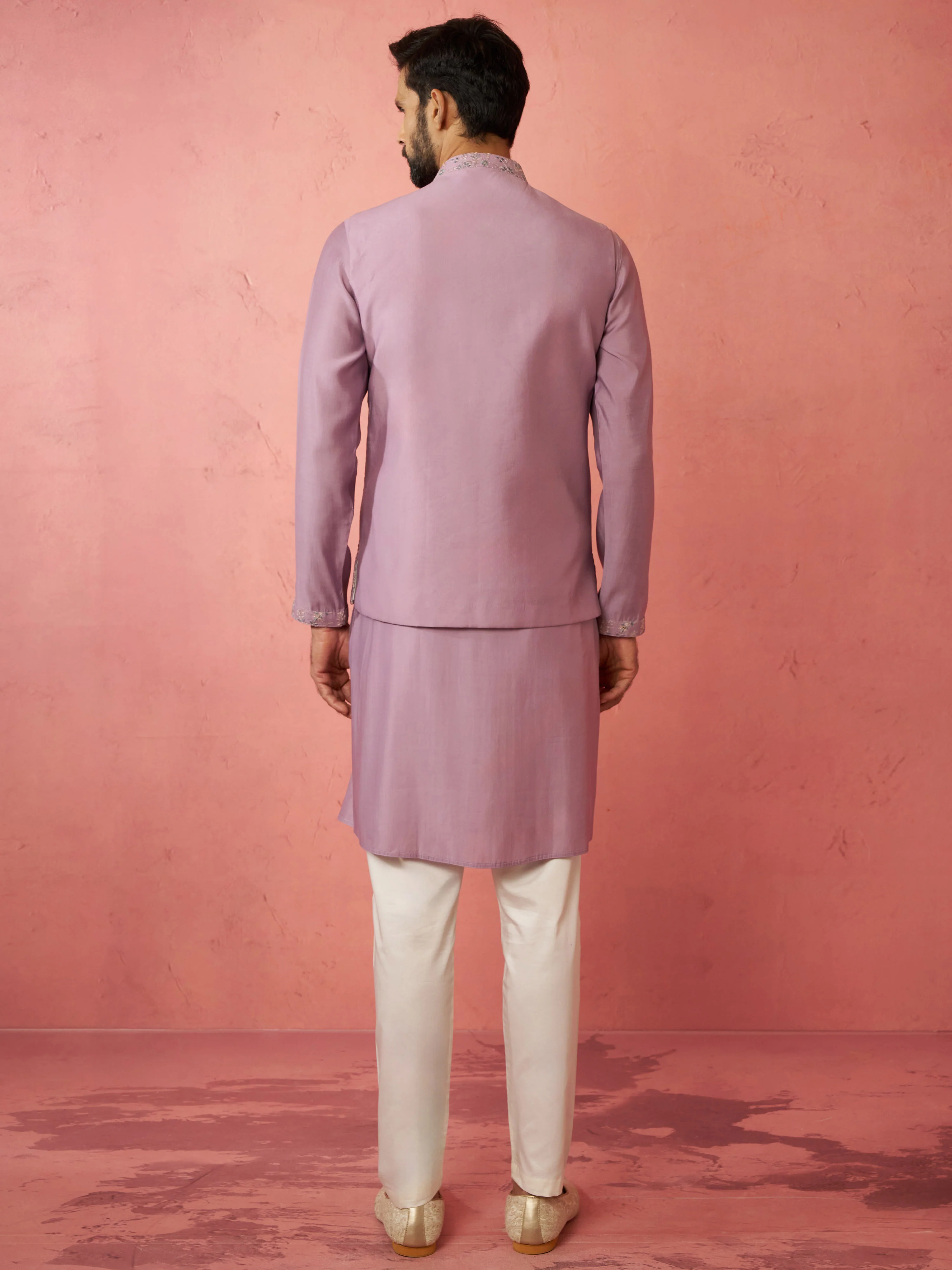 Men's Lavender Kurta Jacket Set with Cream Pyjama - Image 5