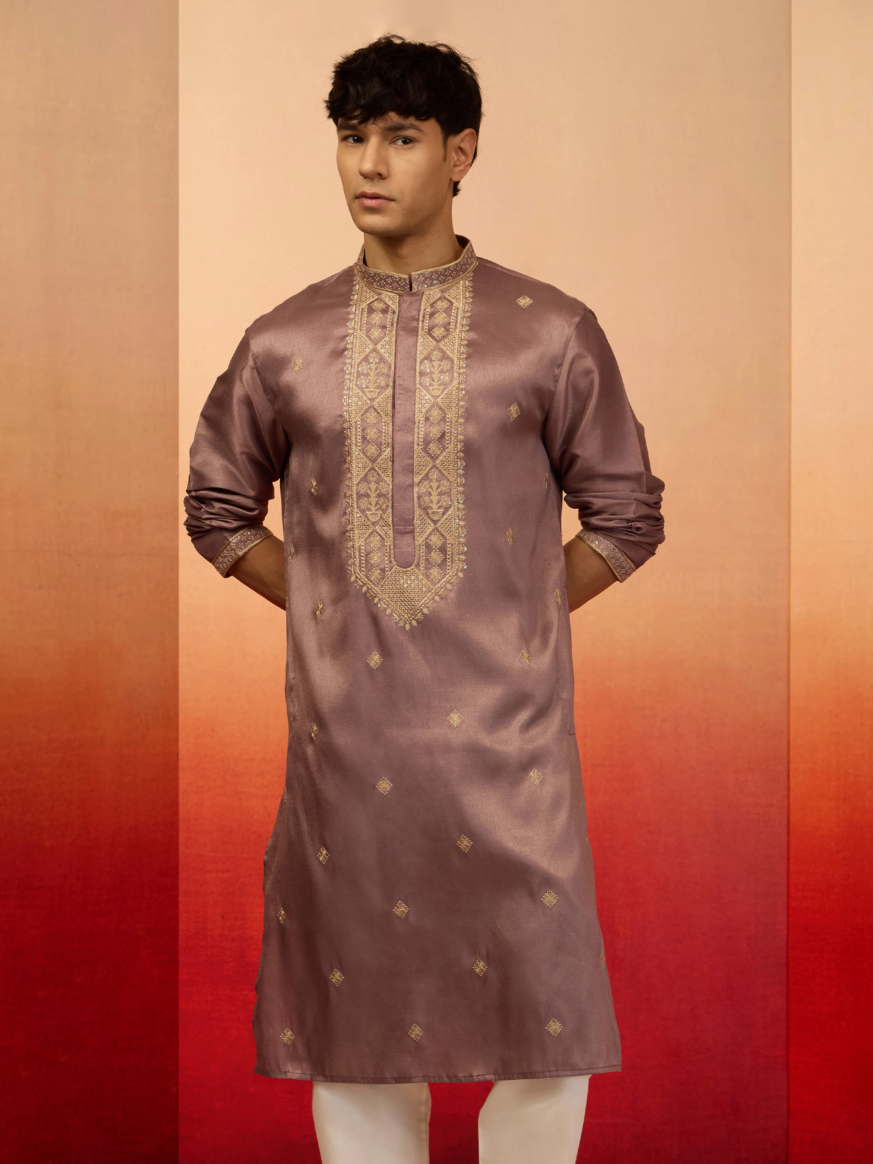 Men's Lavender Resham Embroidered Silk Kurta - Image 3