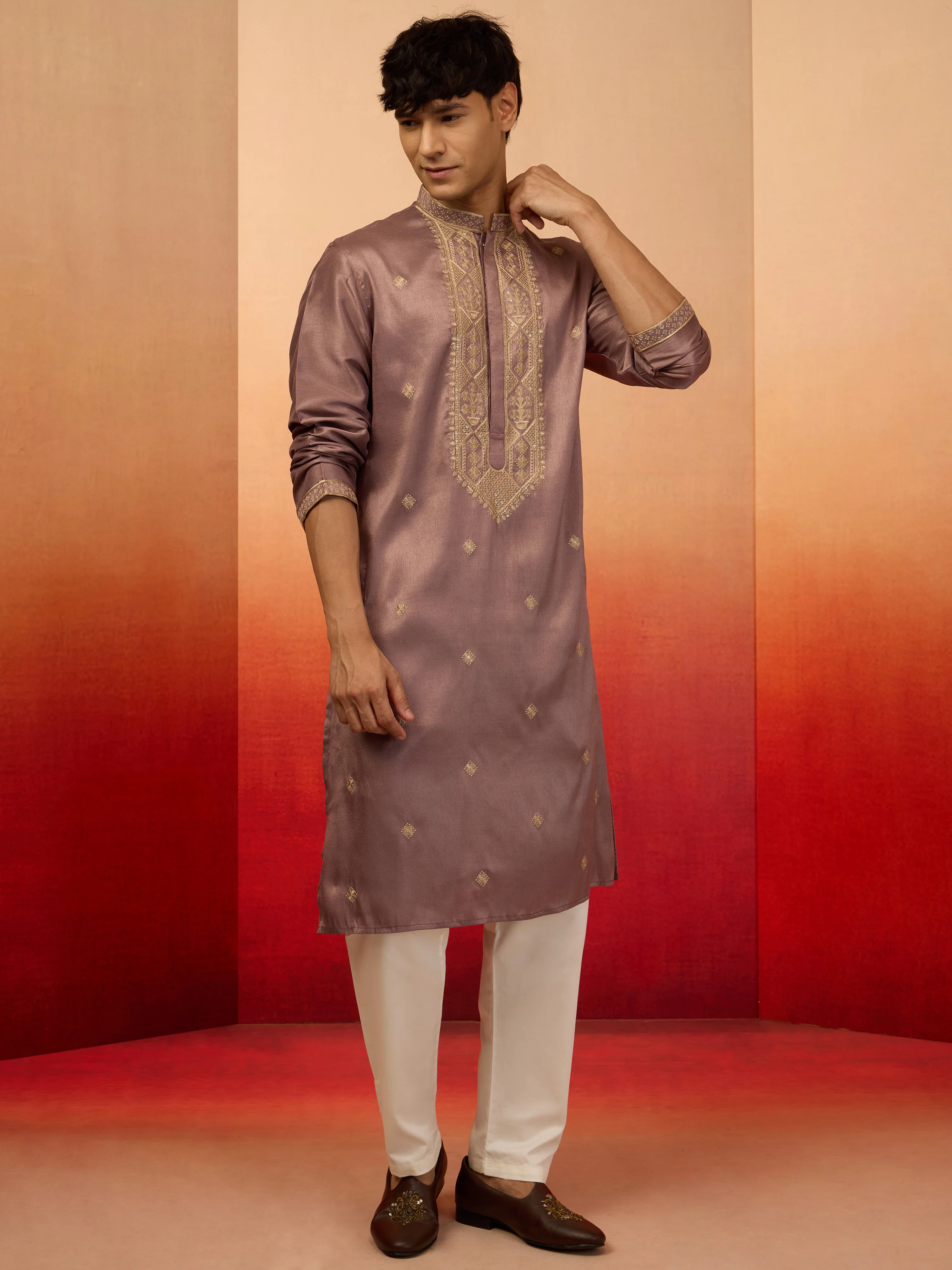 Men's Lavender Resham Embroidered Silk Kurta - Image 6