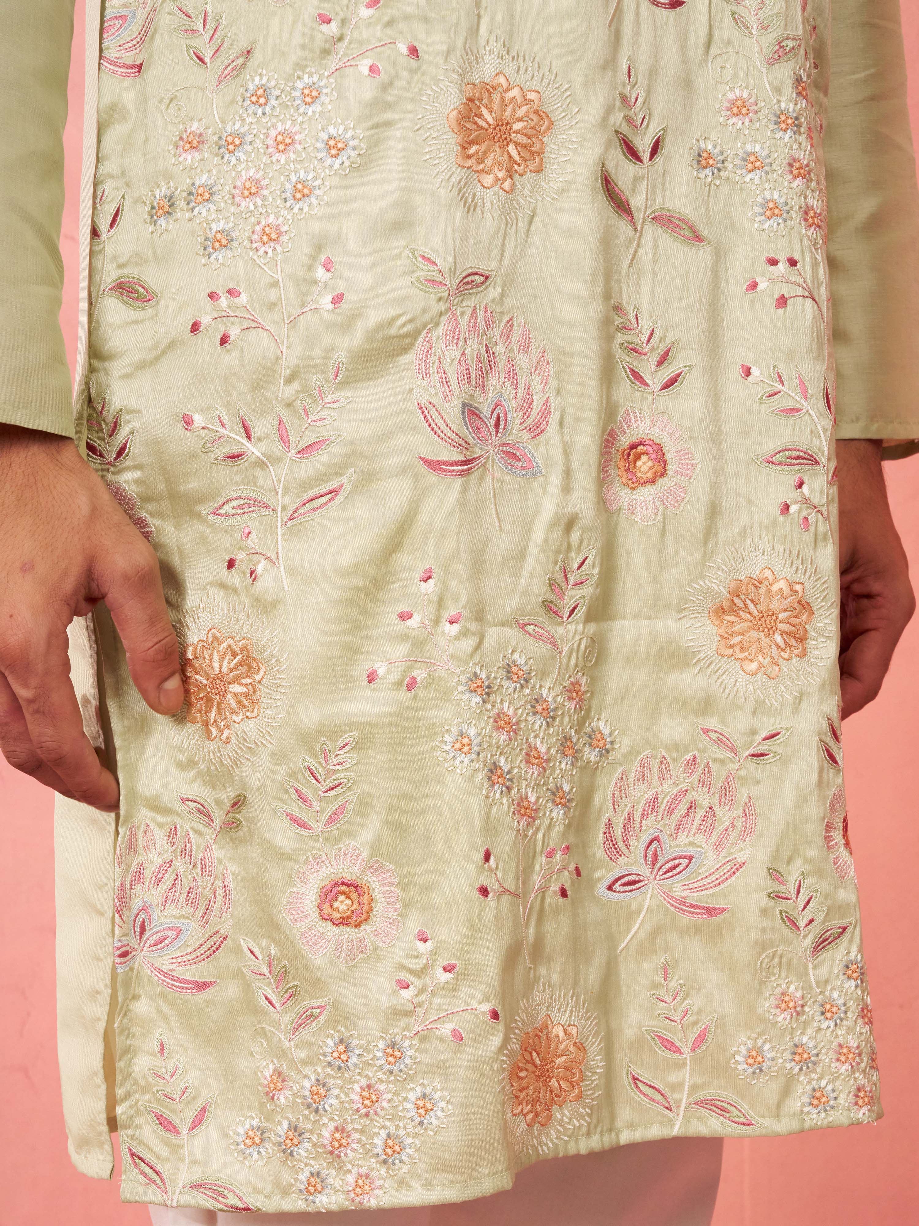 Men's Light Green Silk Blend Kurta with Cream Pyjama - Image 6