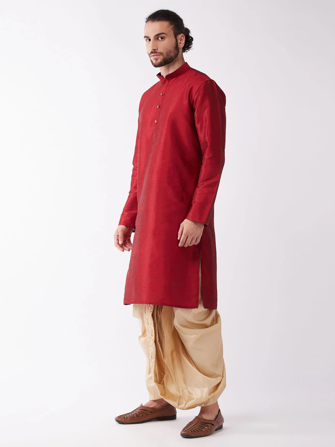 Men Maroon Regular Kurta With Dhoti Pants - Image 2